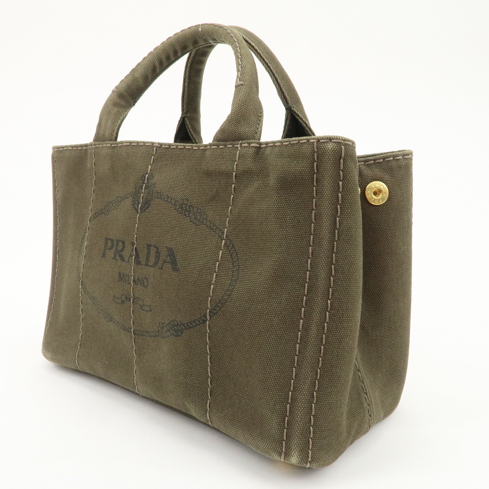 PRADA Canapa Mini Canvas Bag Hand Bag Tote Bag Khaki BN2439 Used