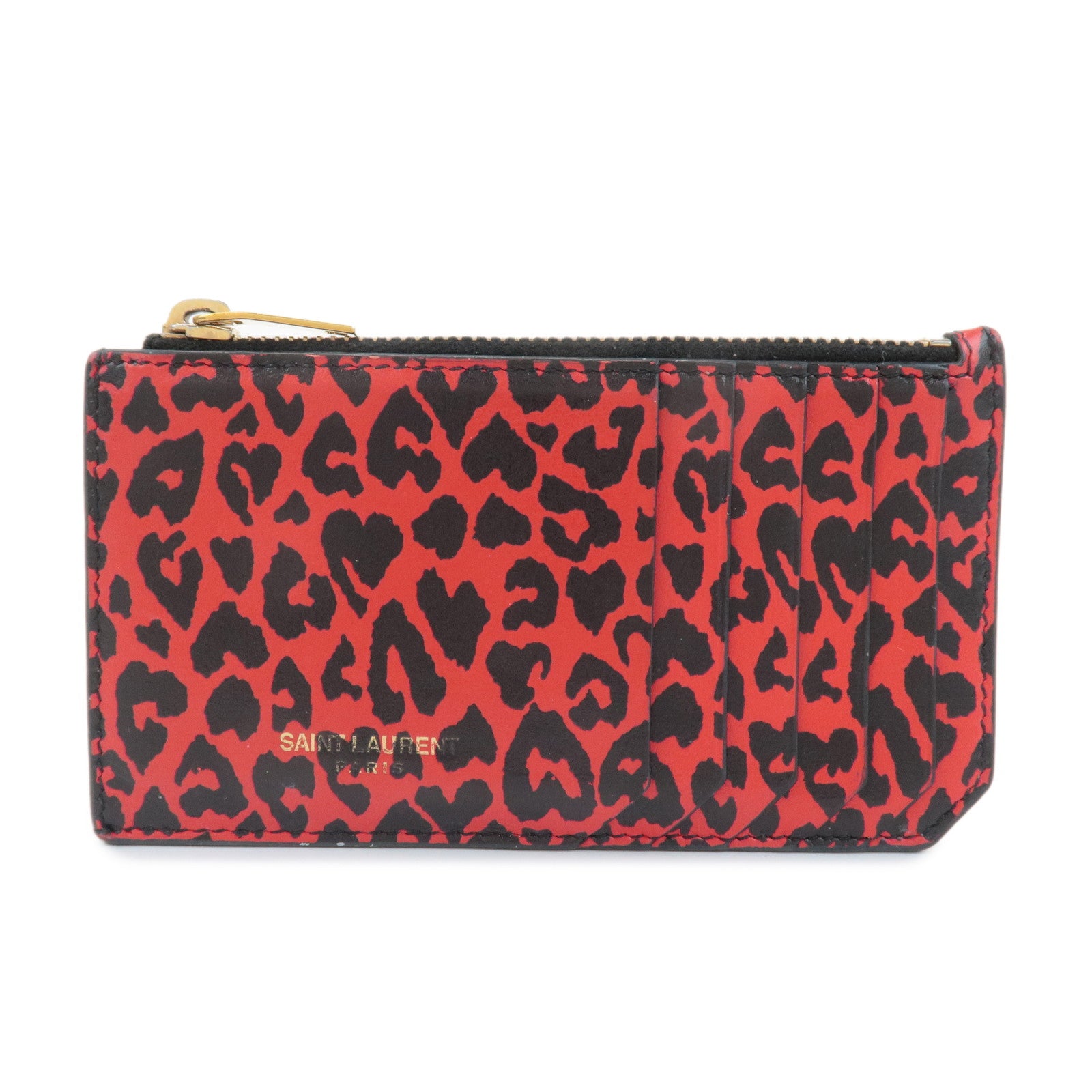 Saint Lauren Leather Animal Leopard Coin Case Card Case Black Red Used