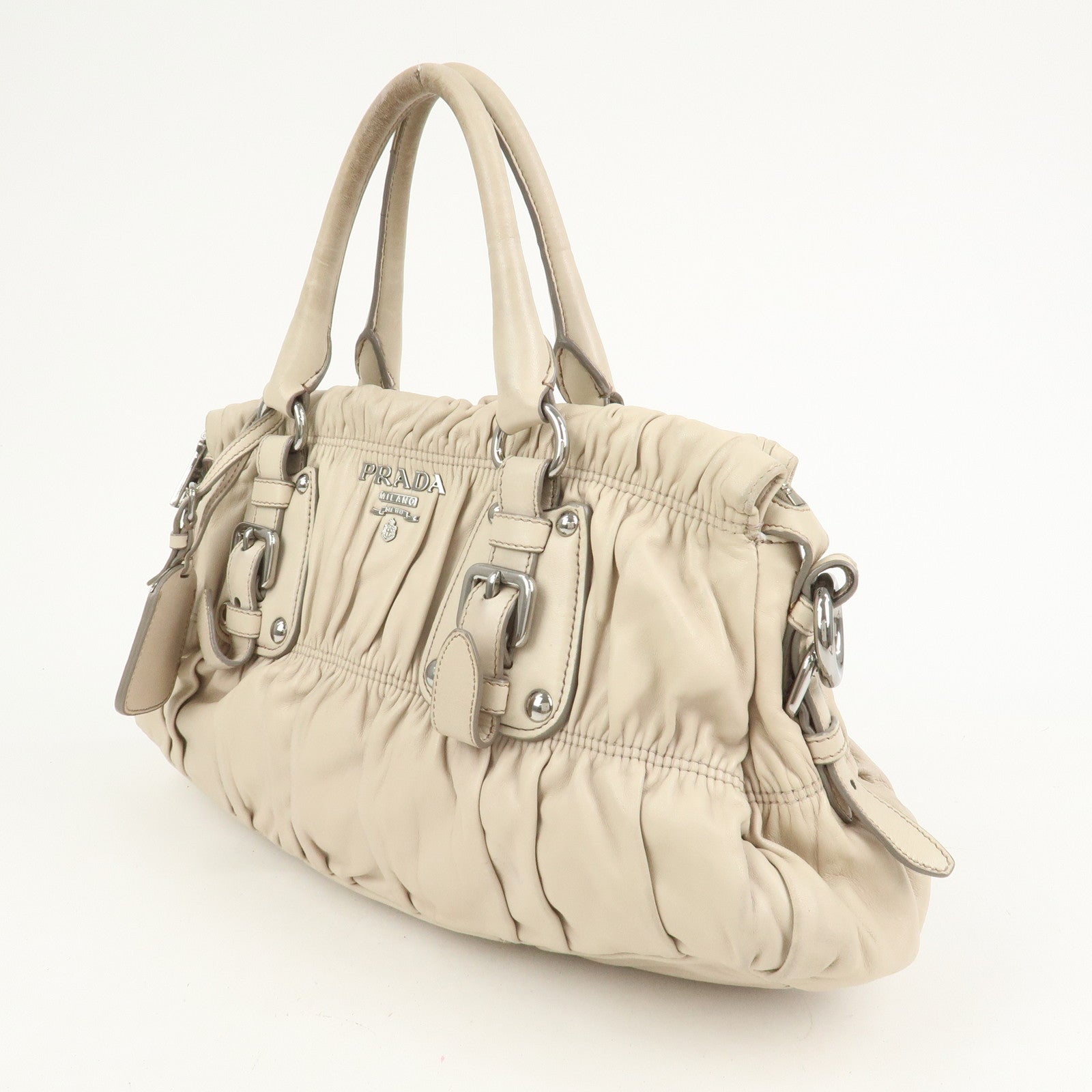 PRADA Nappa Leather Gathered 2Way Tote Shoulder Bag Beige BN1407