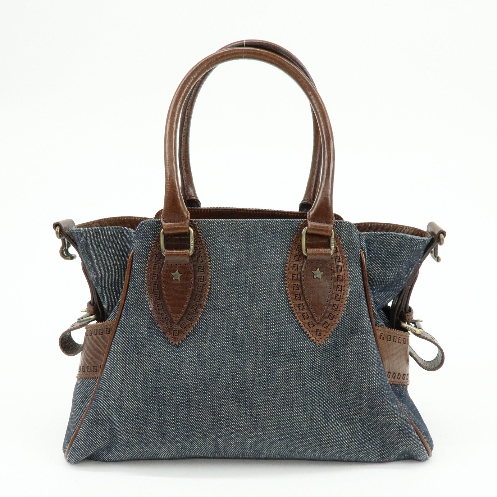 FENDI Etnico Zucca Denim Leather Shoulder Bag Blue Brown 8BN157