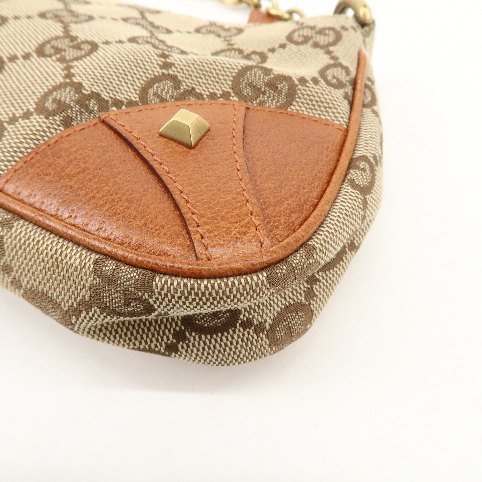 GUCCI GG Canvas Leather Chain Hand Bag Pouch Beige Brown 120940 Used