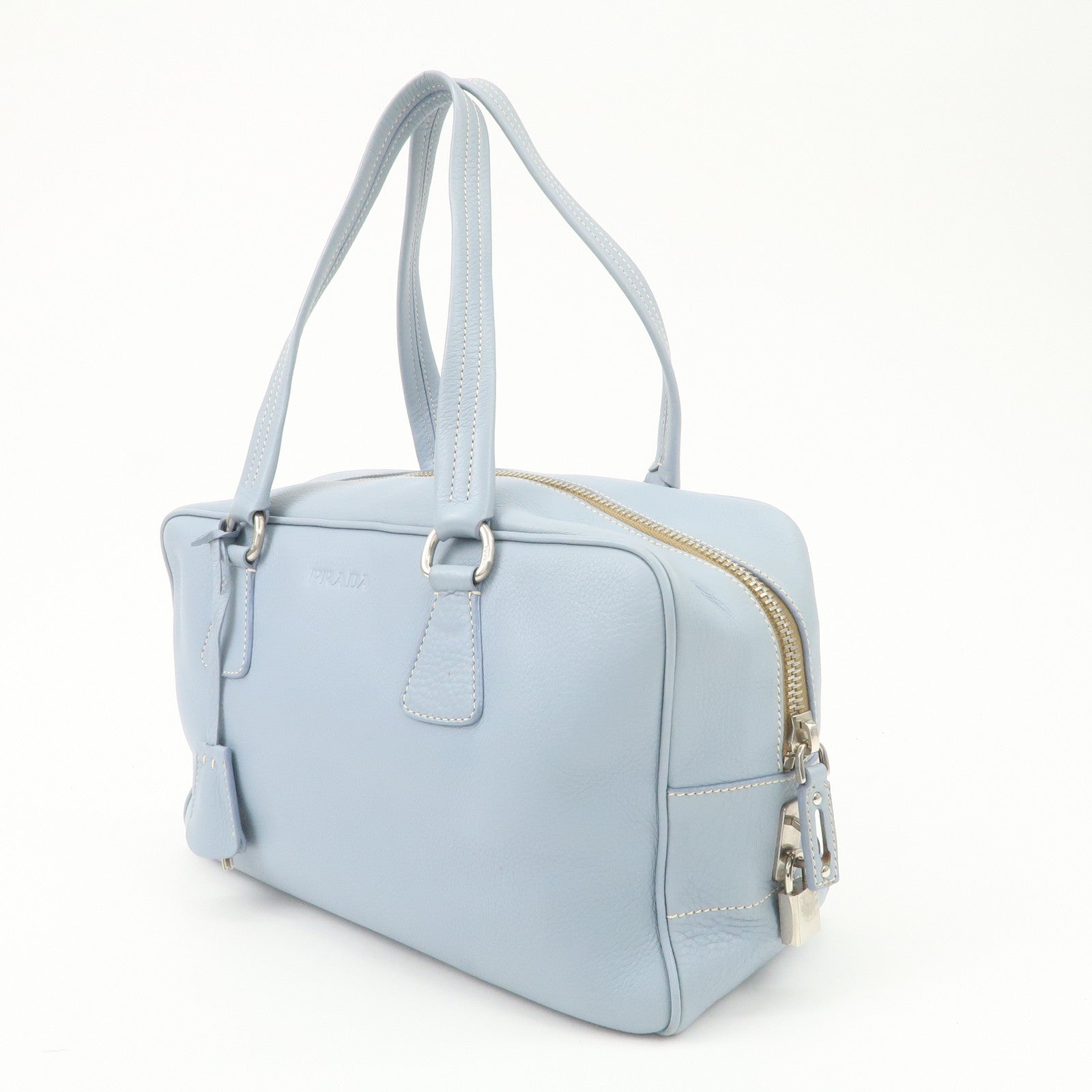 PRADA Leather Boston Bag Shoulder Bag Blue BR2246 Used