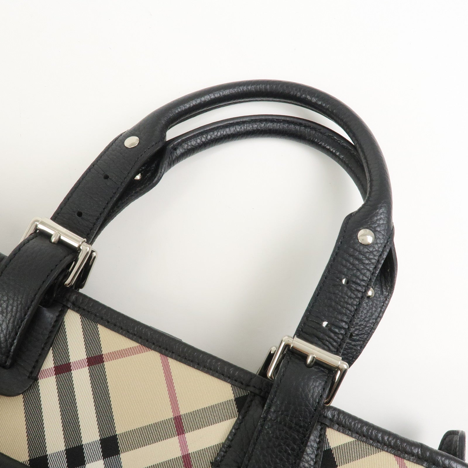 BURBERRY Nova Plaid Nylon Leather Tote Bag Hand bag Black