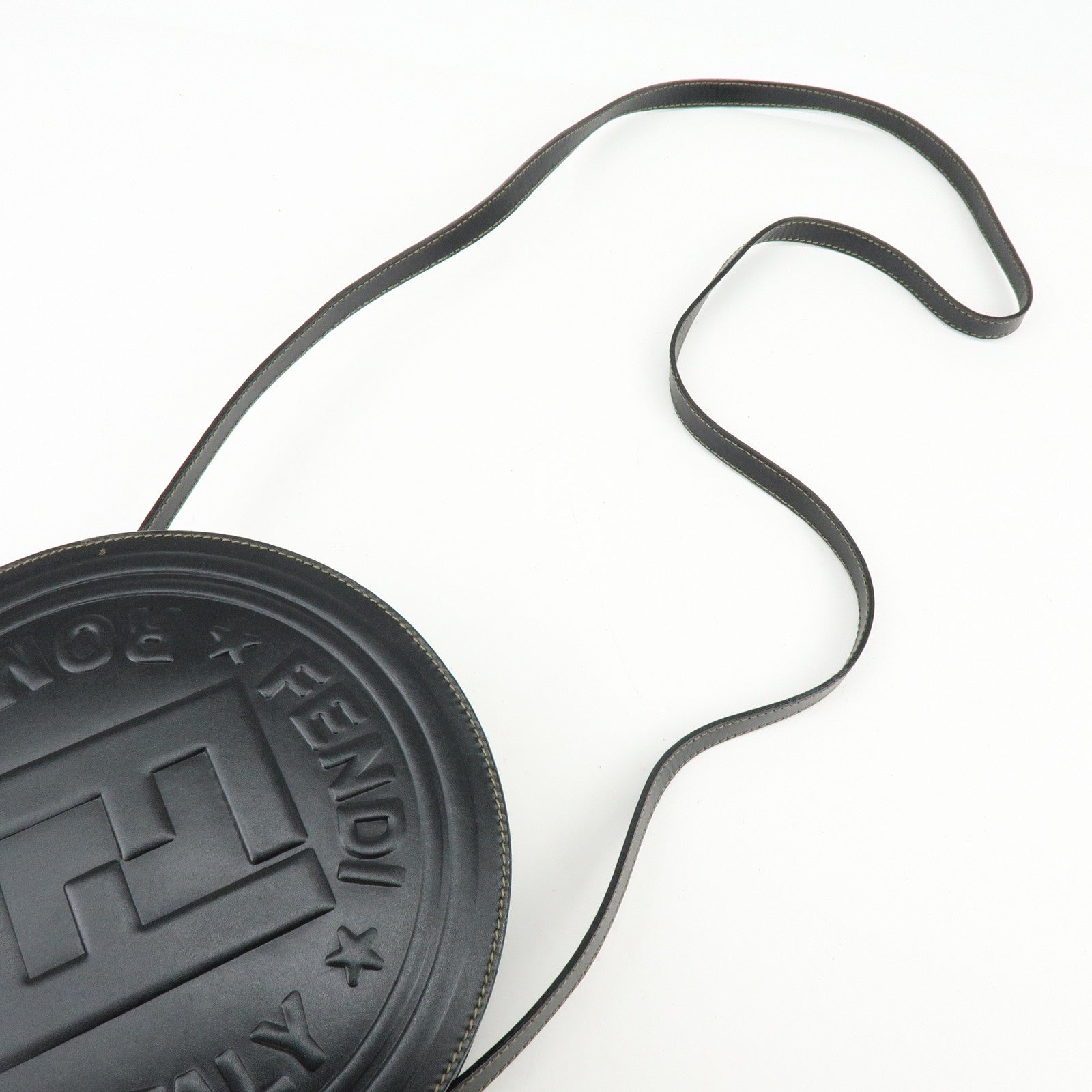 FENDI Leather PVC Round Shoulder Bag Checker Pattern Black Brown