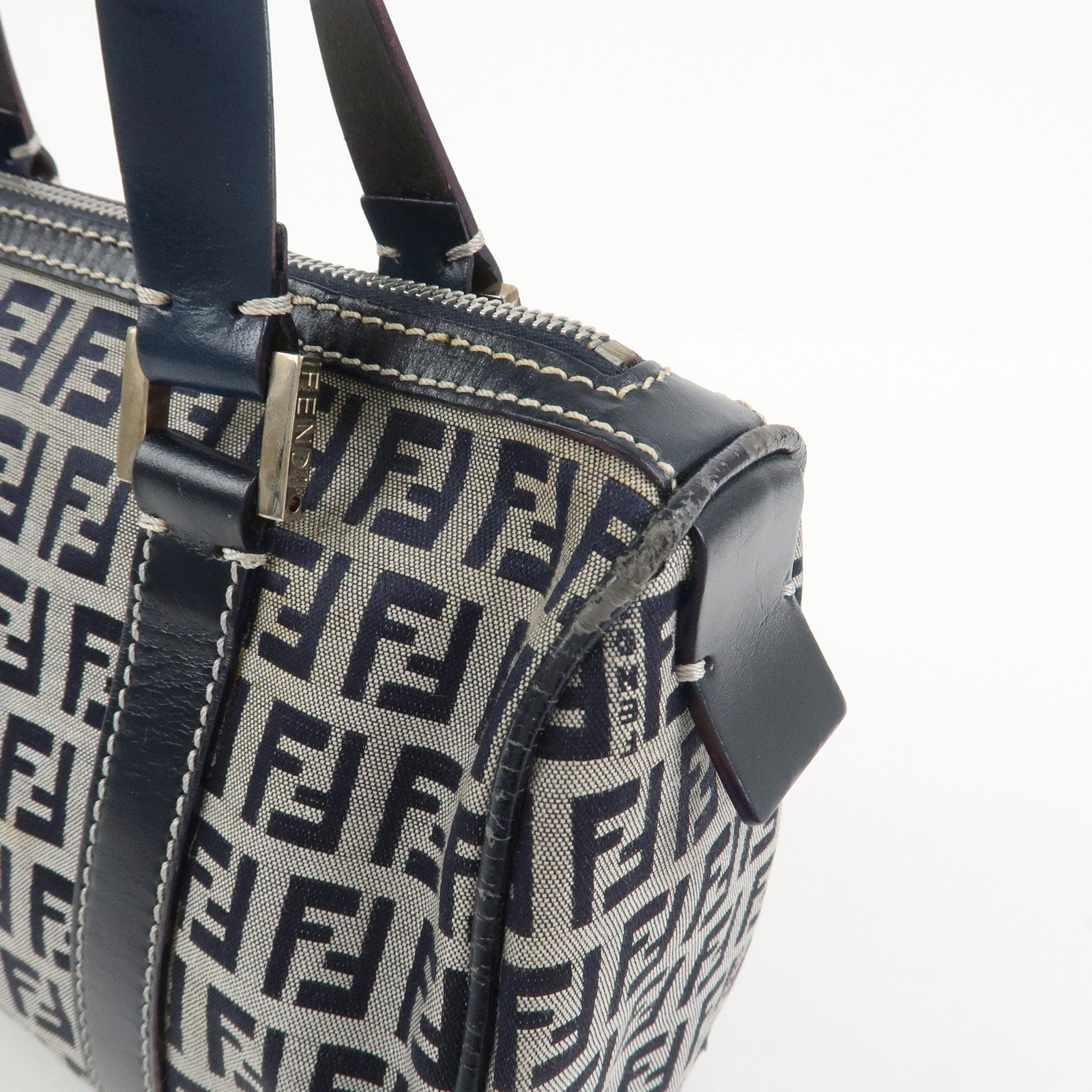 FENDI Zucchino Canvas Leather Hand Bag Mini Boston Bag Navy 16327