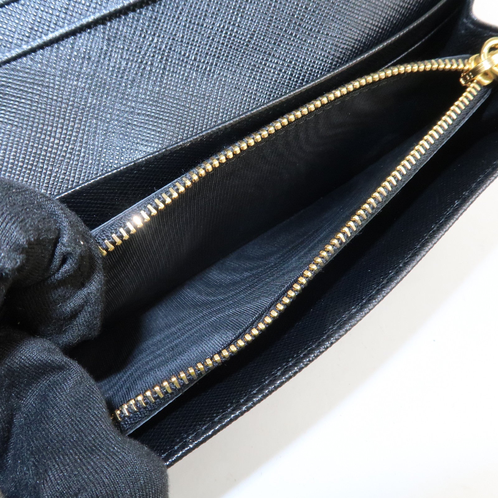 PRADA Saffiano Leather Flap Bi-Fold Long Wallet Black Gold 1MH132 Used