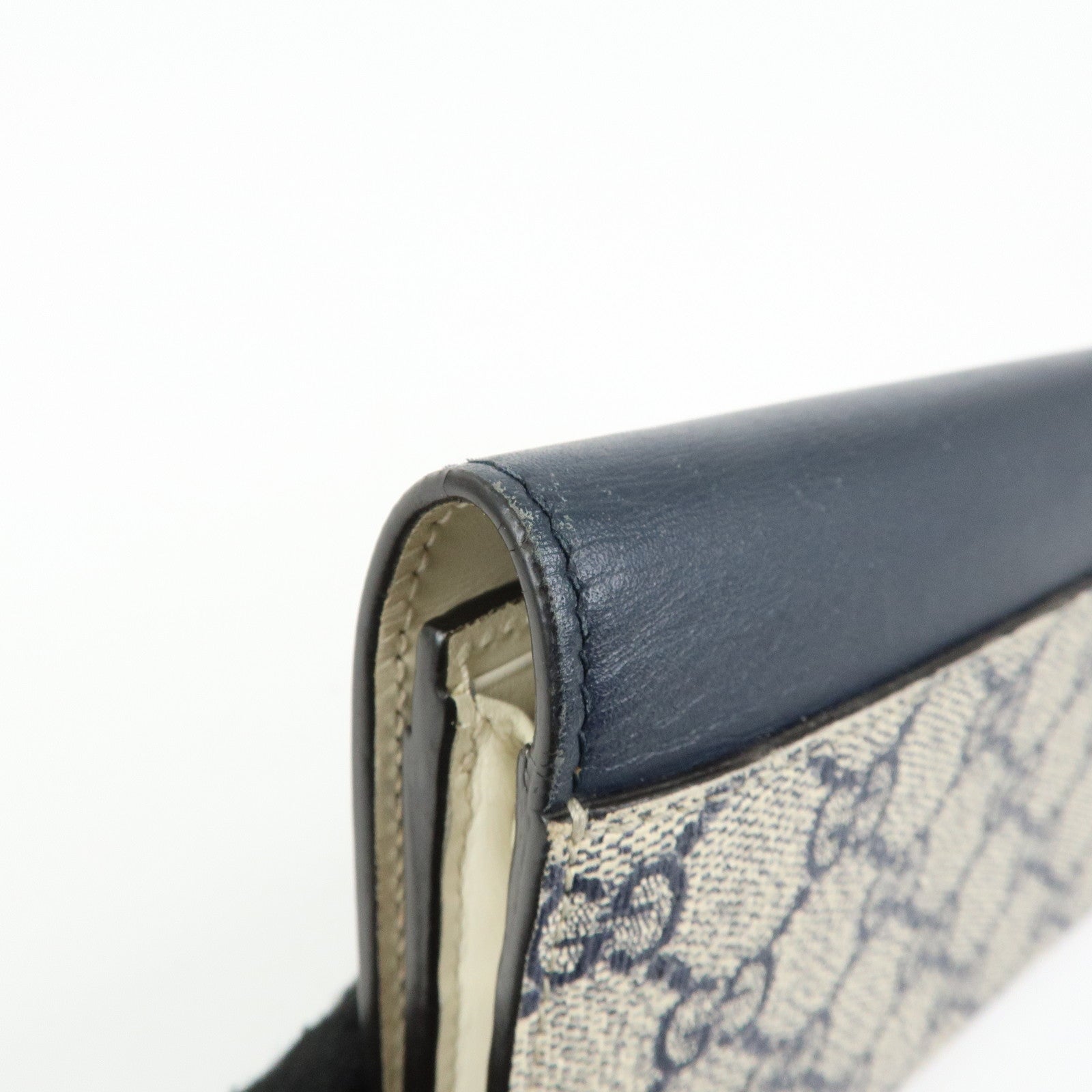 GUCCI GG Supreme Leather Flap Long Wallet Navy Beige 410100