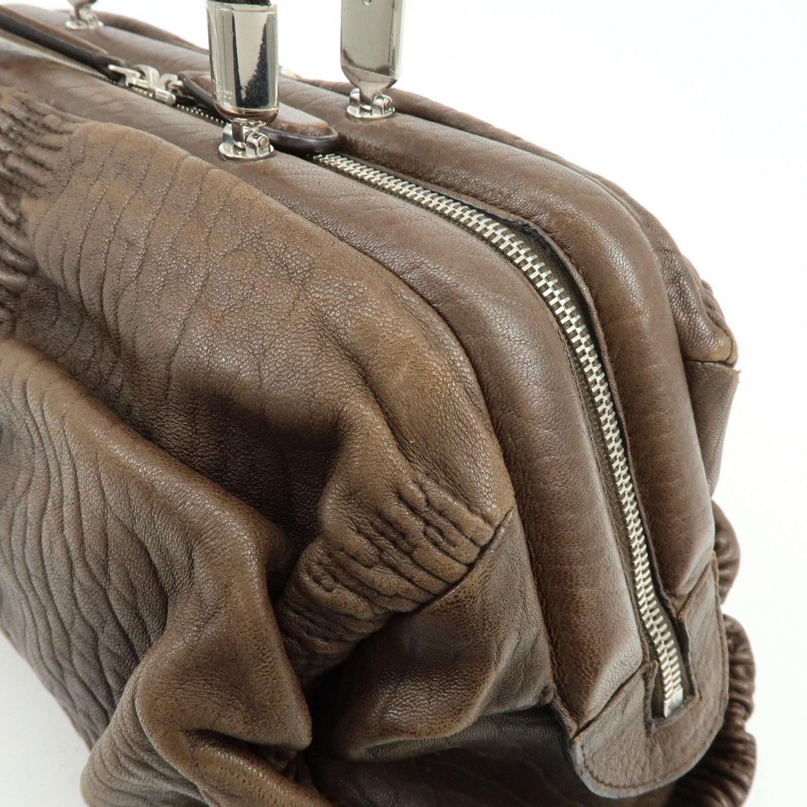 Christian Dior Embossed Gathered Leather Boston Bag Hand Bag Brown