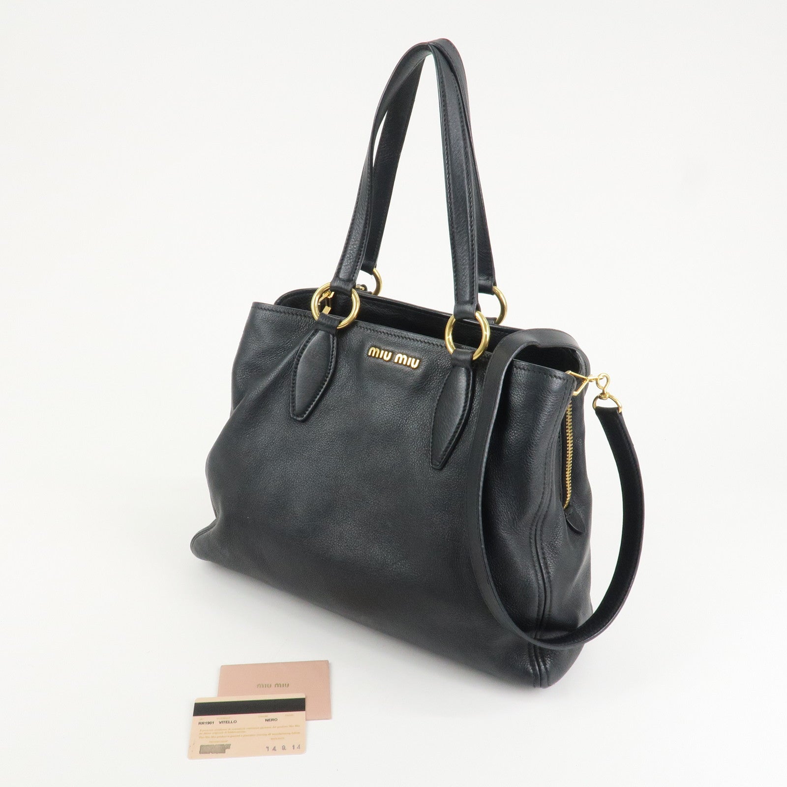 MIU MIU Logo Leather 2Way Bag Tote Bag Shoulder Bag Black RR1901 Used
