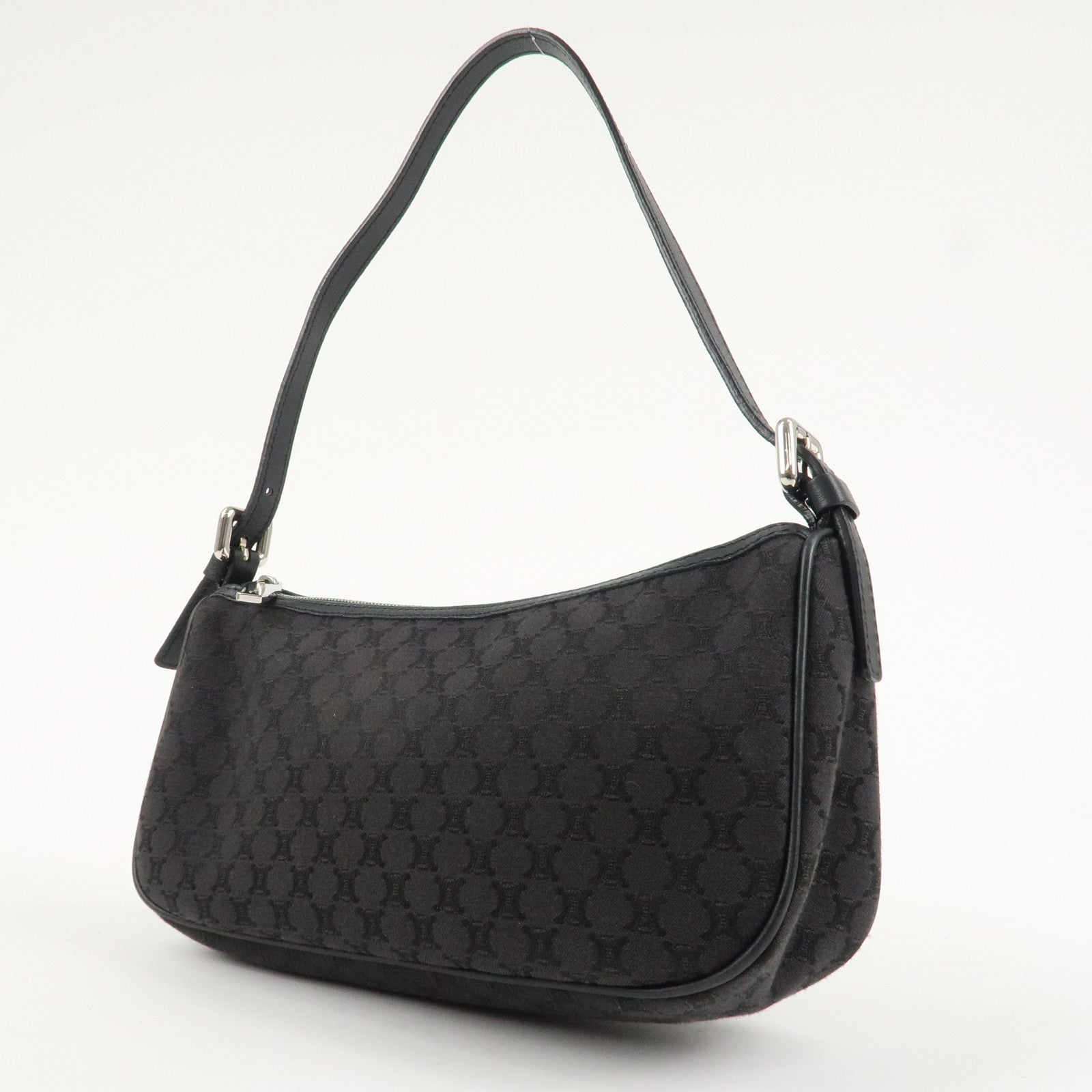 CELINE Macadam Canvas Leather Accessory Pouch Silver HDW Black Used