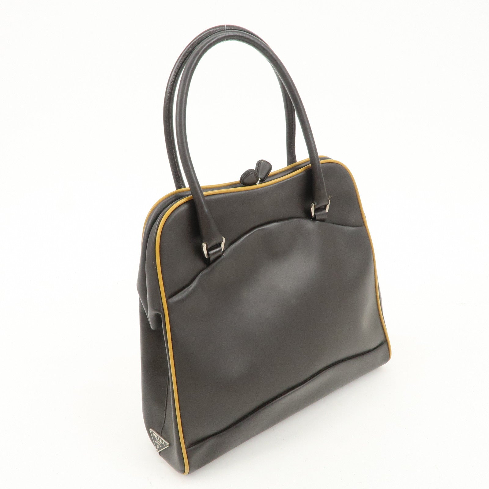 PRADA Triangle Logo Leather Tote Bag Hand Bag Beige Dark Brown Used