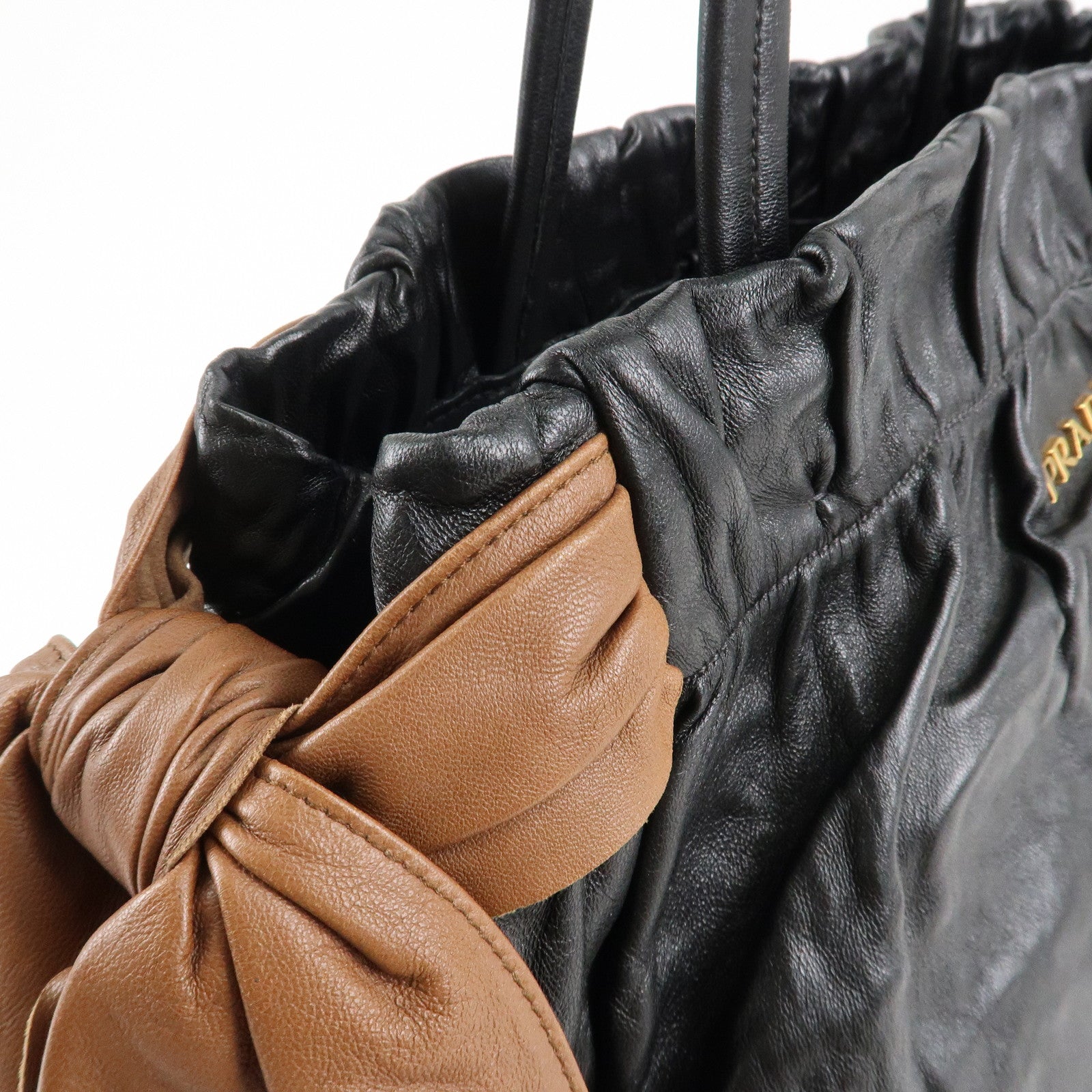 PRADA Leather Ribbon Shoulder Bag Hand Bag Black Brown Used