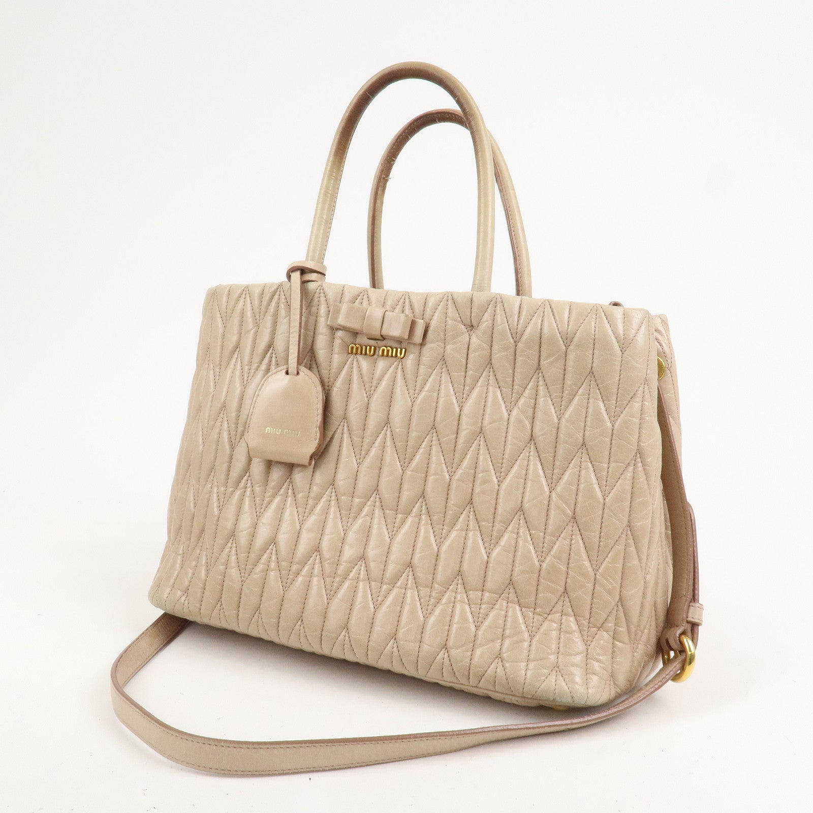 MIU MIU Leather Ribbon 2Way Shoulder Bag Hand Bag Tote Bag Beige RN1096