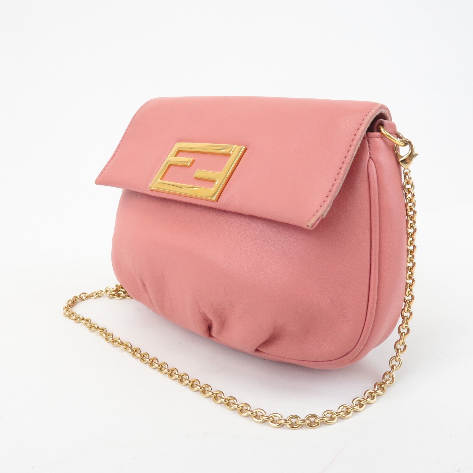 FENDI Leather Chain Shoulder Bag Purse Gold HDW Pink 8M0276 Used