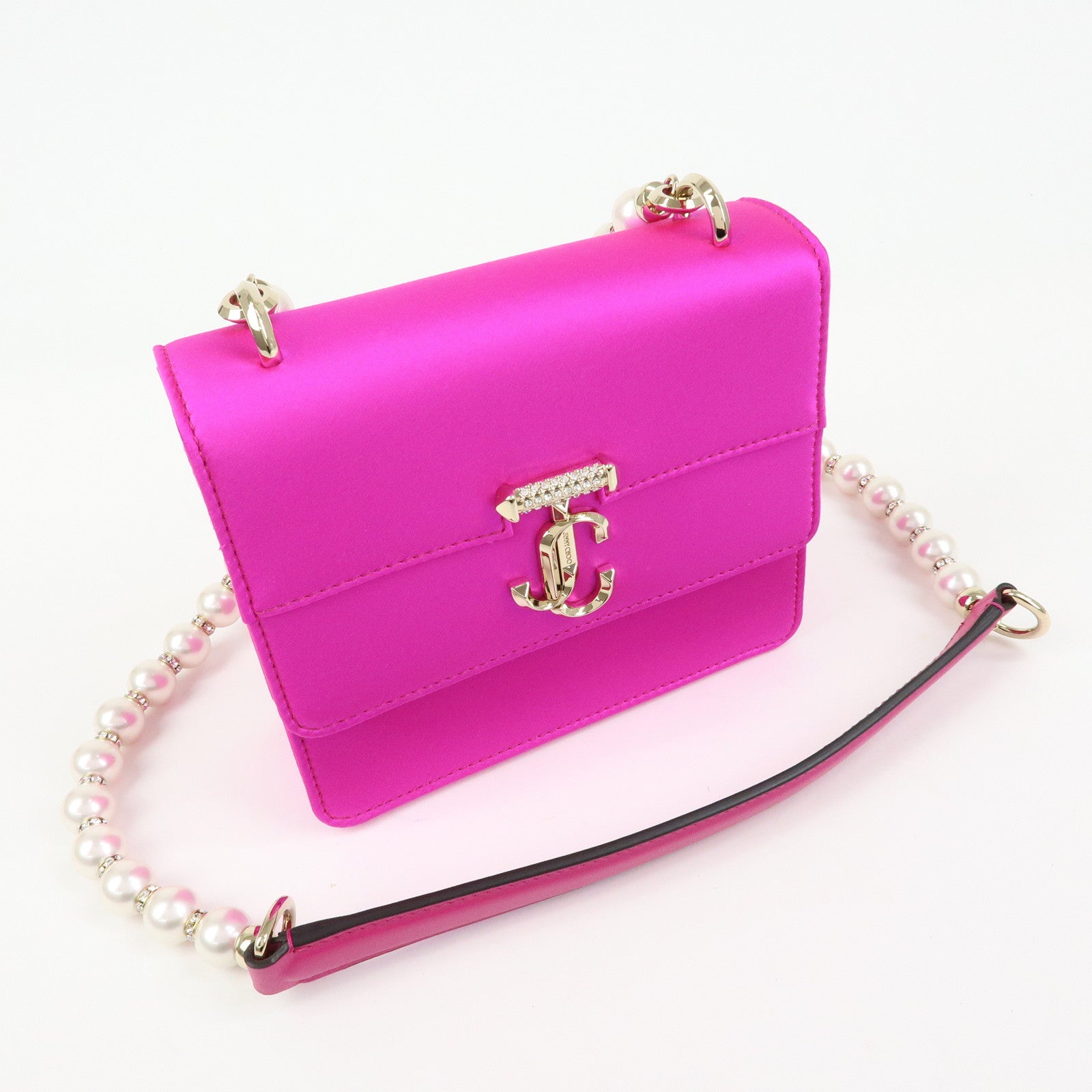 JIMMY CHOO Varenne Avenue Quad Satin Pearl Beads Shoulder Bag Pink