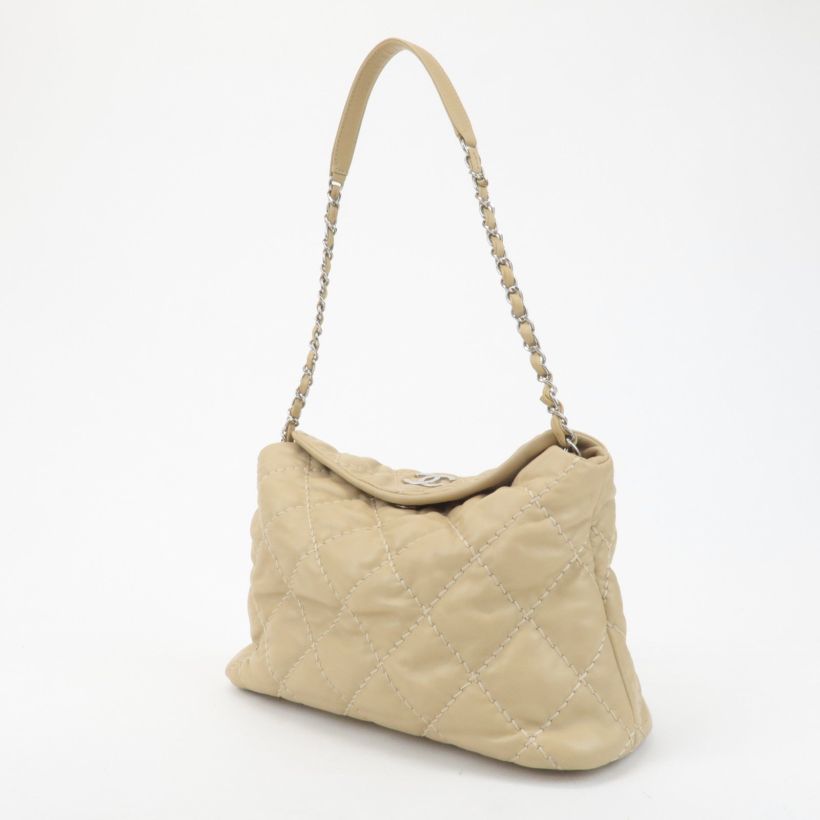 CHANEL Wild Stitch Lamb Skin Chain Shoulder Bag Hand Bag Beige Used