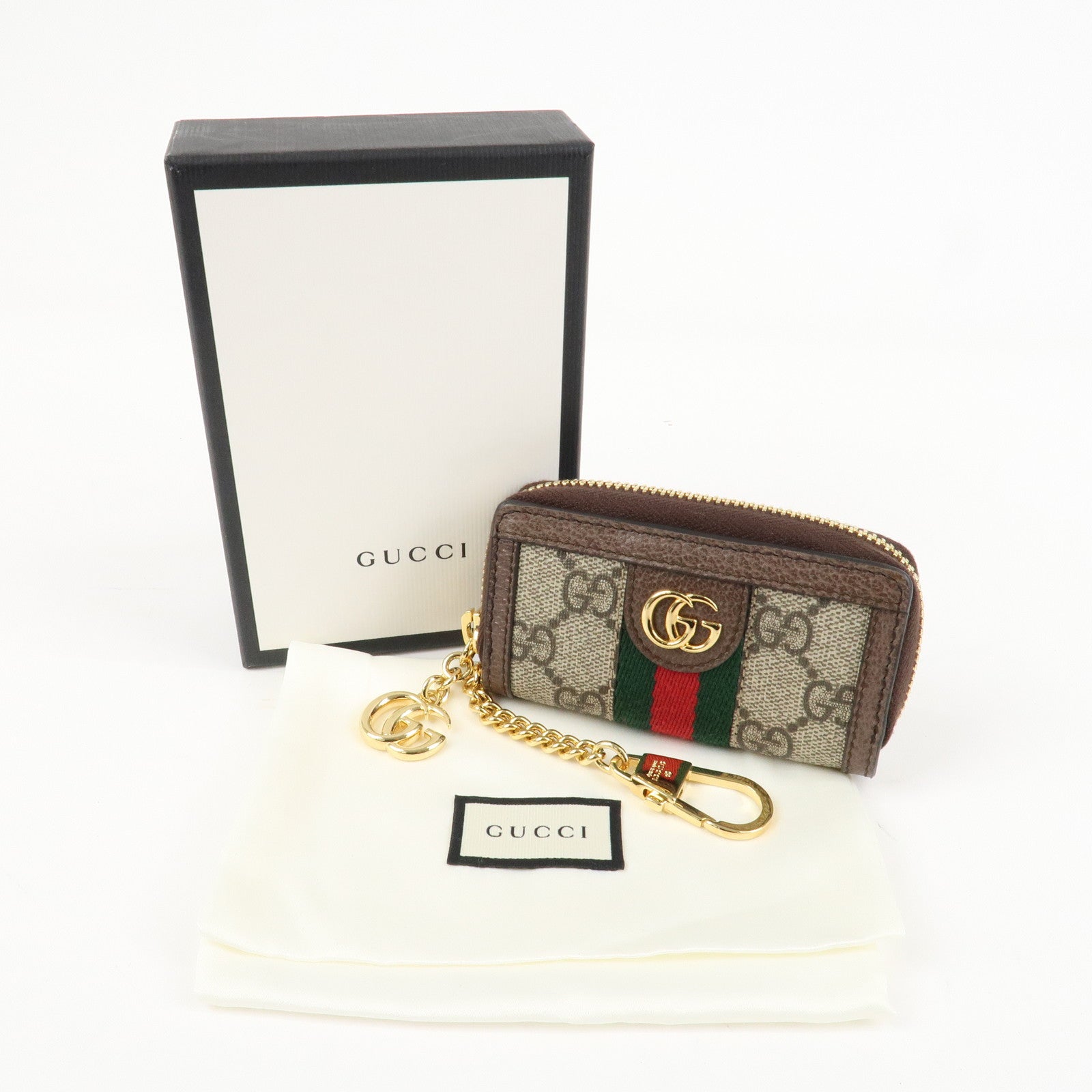 GUCCI Ophidia Sherry Zip Around Key Case Coin Case Beige Brown 523157 Used