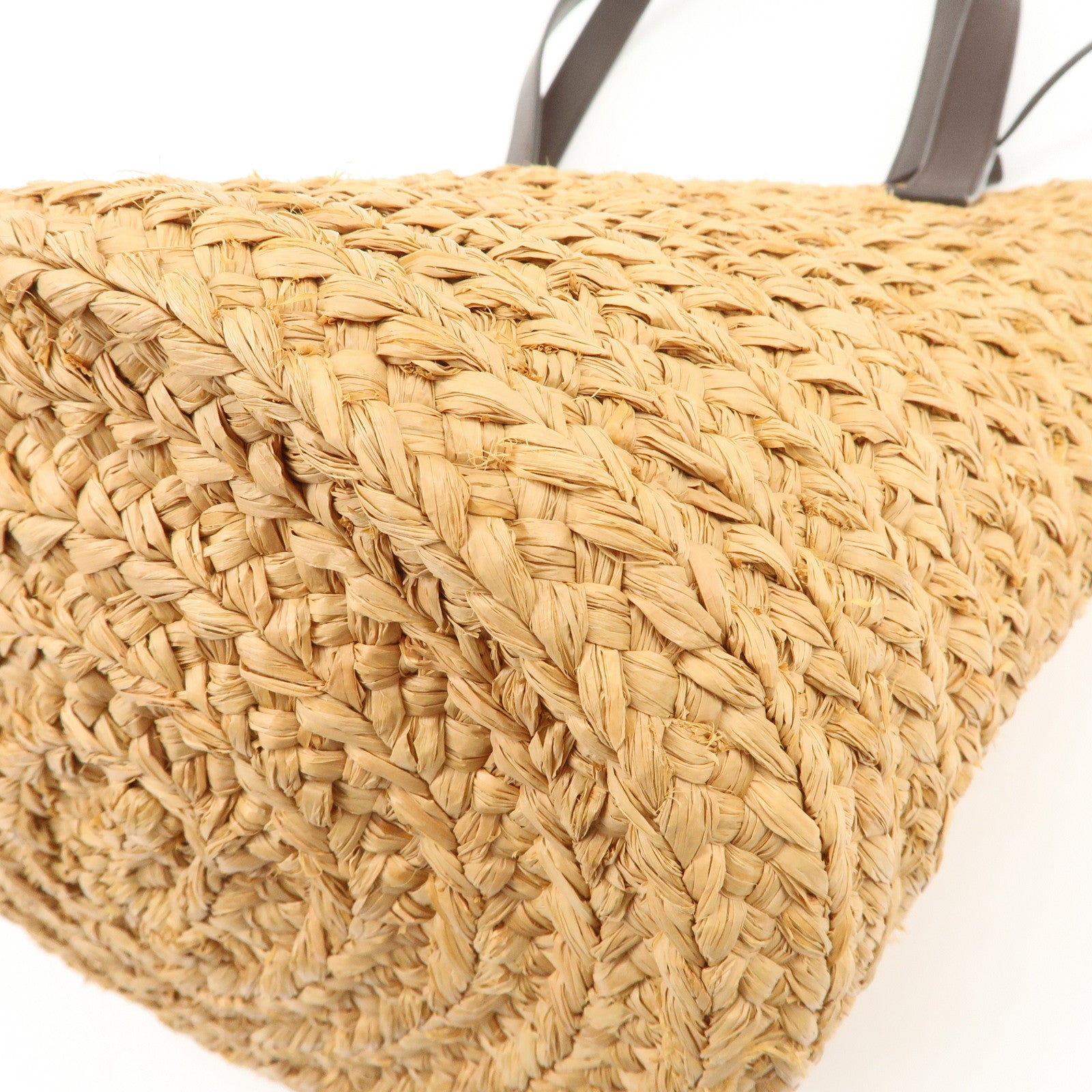 SAINT LAURENT Leather Raffia Tote Bag Shoulder Bag Beige Dark Brown Used