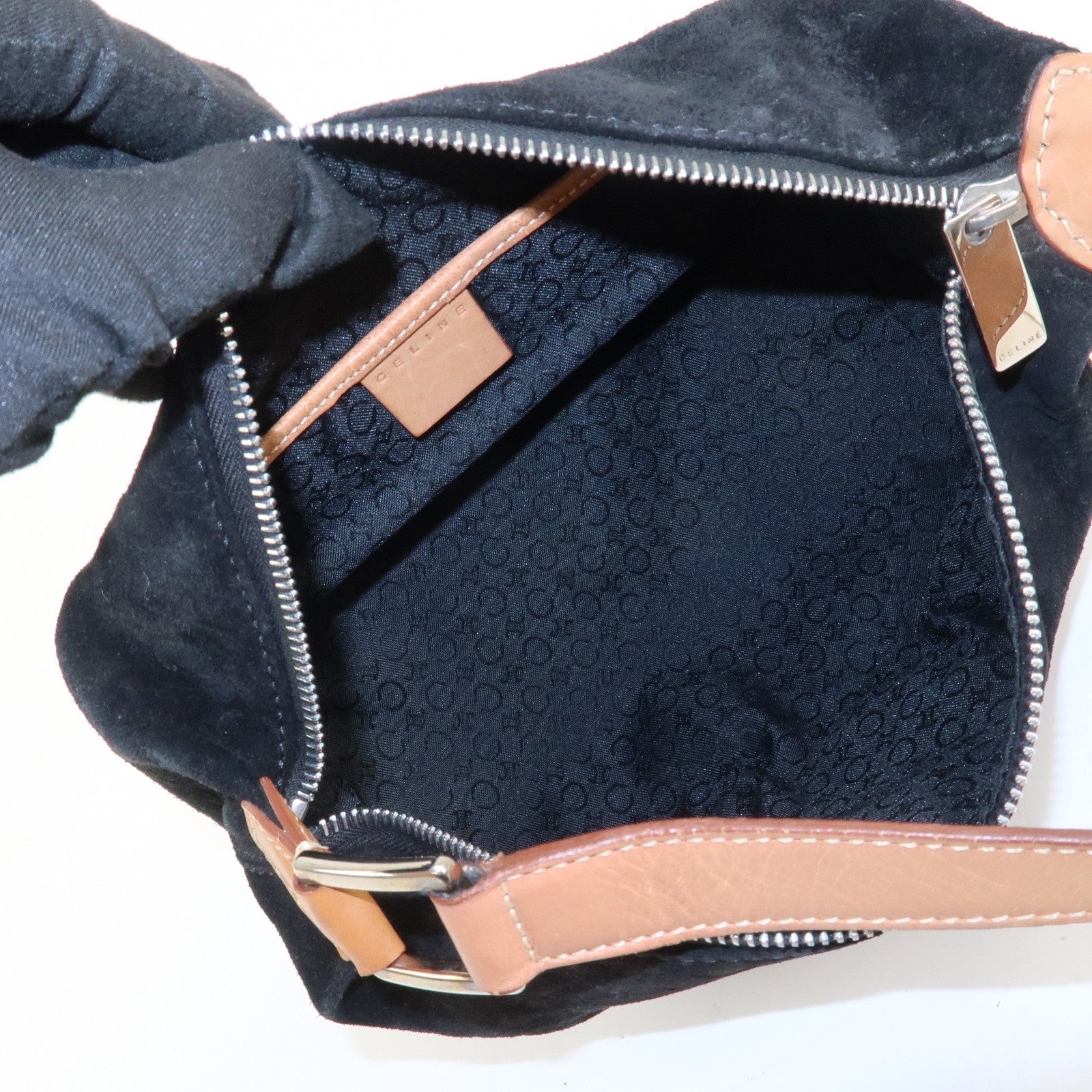 CELINE C Macadam Leather Suede Shoulder Bag Hand Bag Black Brown