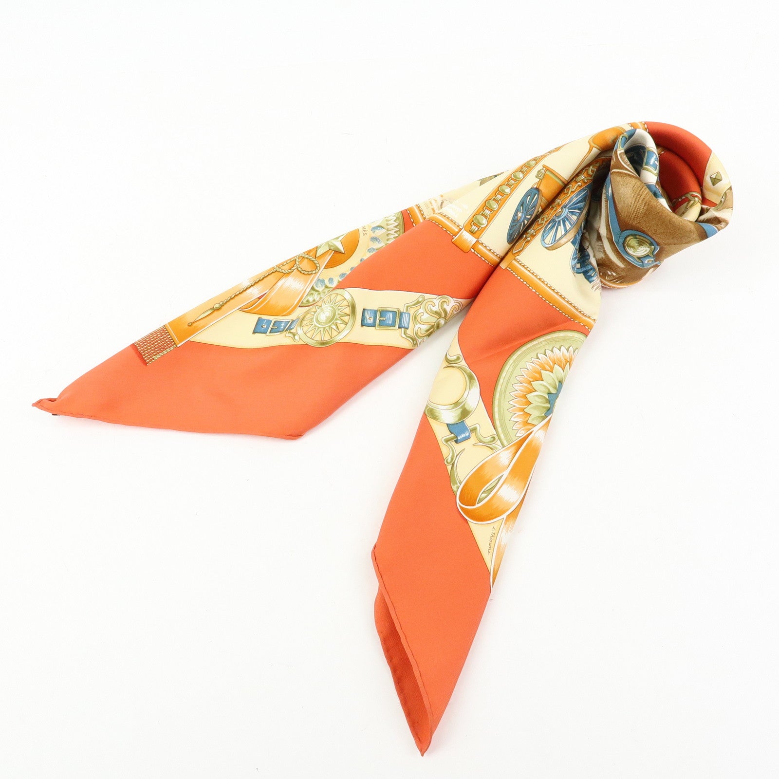 HERMES Carre 90 Silk 100% CHEVAUX DE TRAIT Scarf Orange Beige