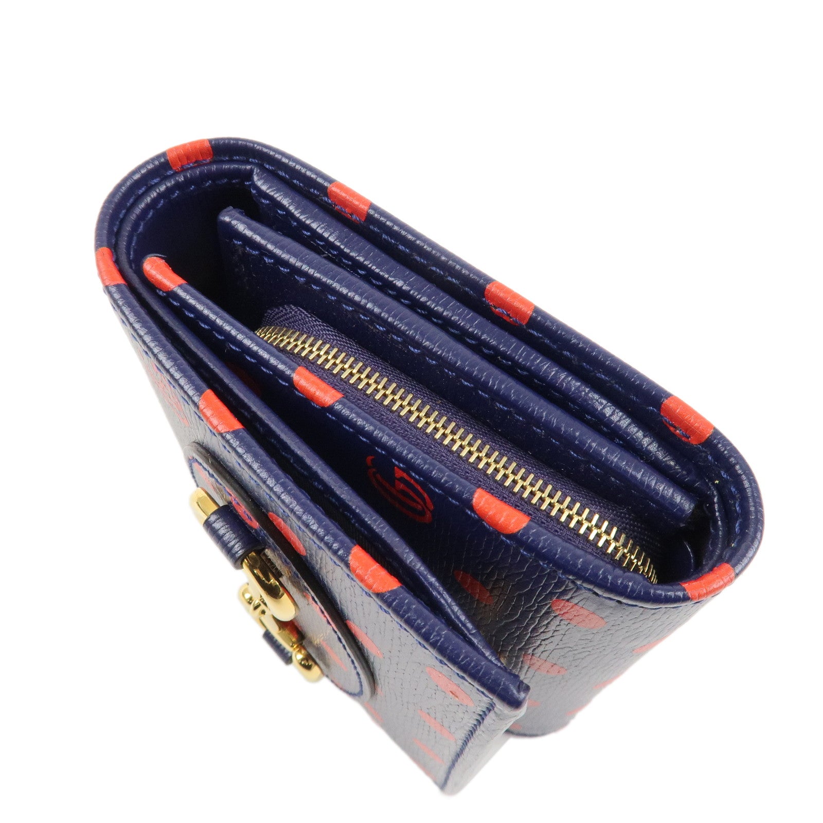 GUCCI Horsebit Dot Pattern Leather Bifold Wallet Navy Red 621891 Used