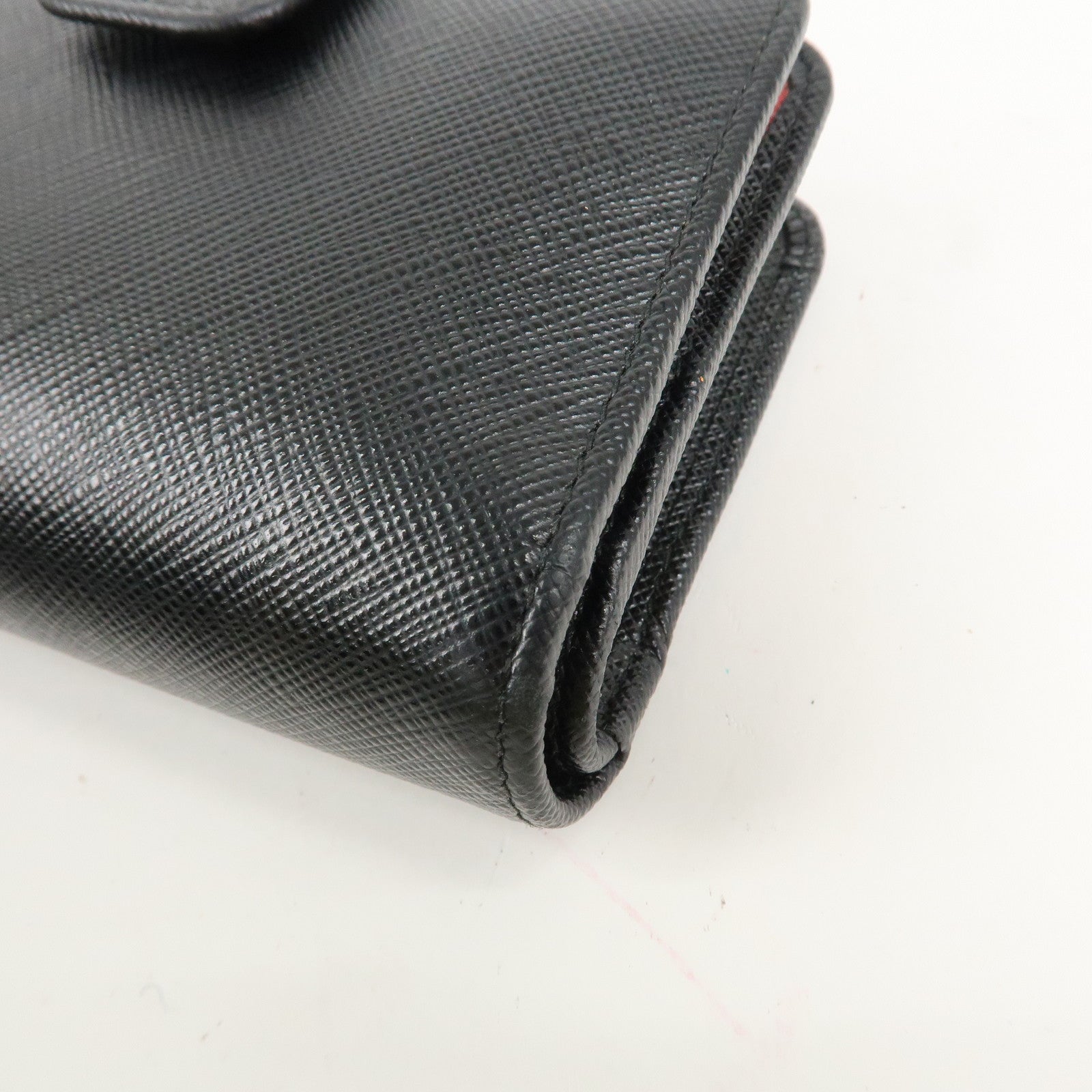 PRADA Saffiano Leather Bi-Fold Wallet Black Red Gold 1ML018 Used