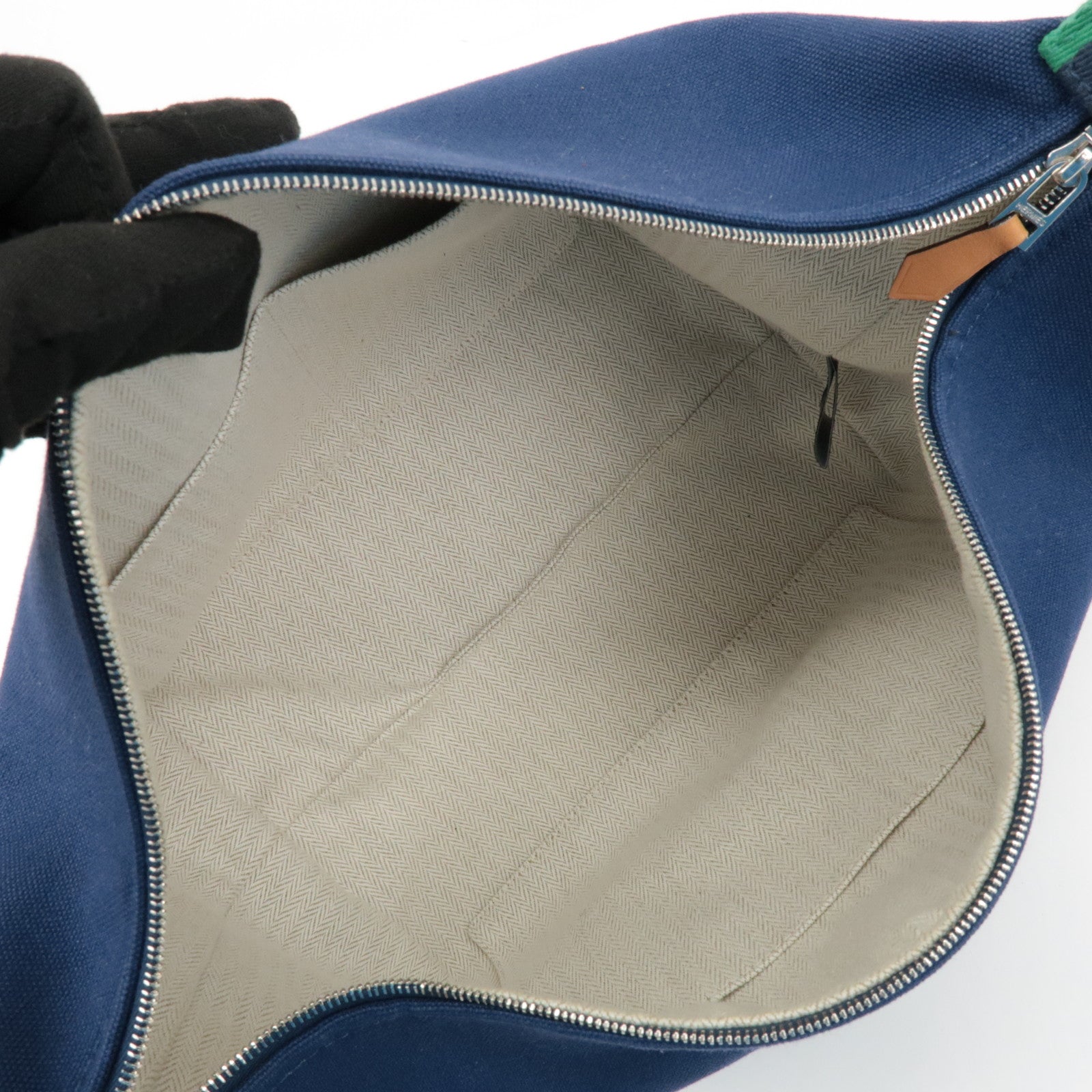 HERMES Canvas Bride A Brac GM Hand Bag Cosmetic Pouch Green Navy Used