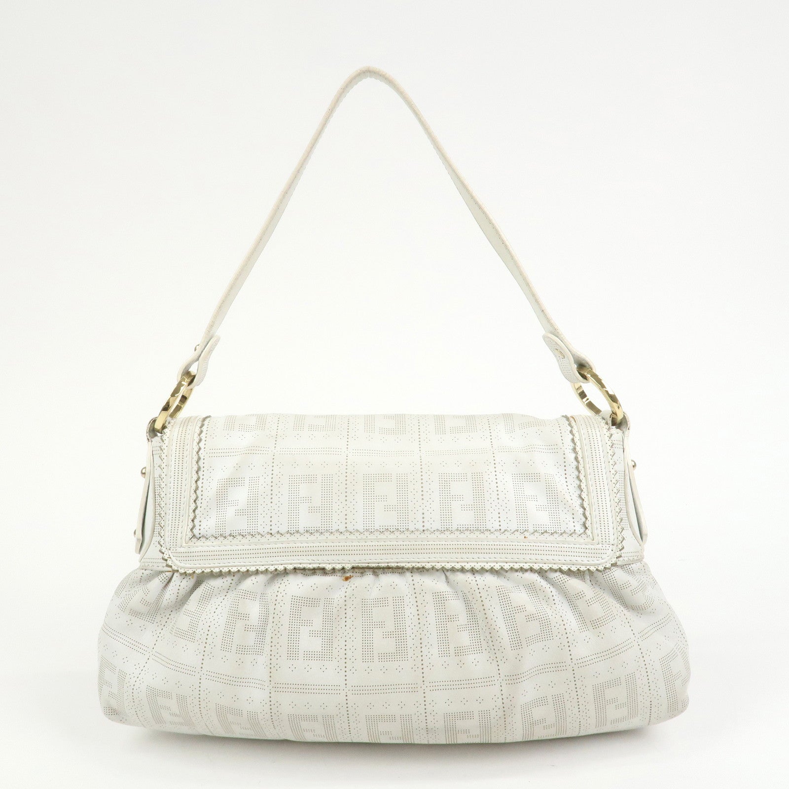 FENDI Zucca Logo Leather Shoulder Bag Hand Bag White 8BR445