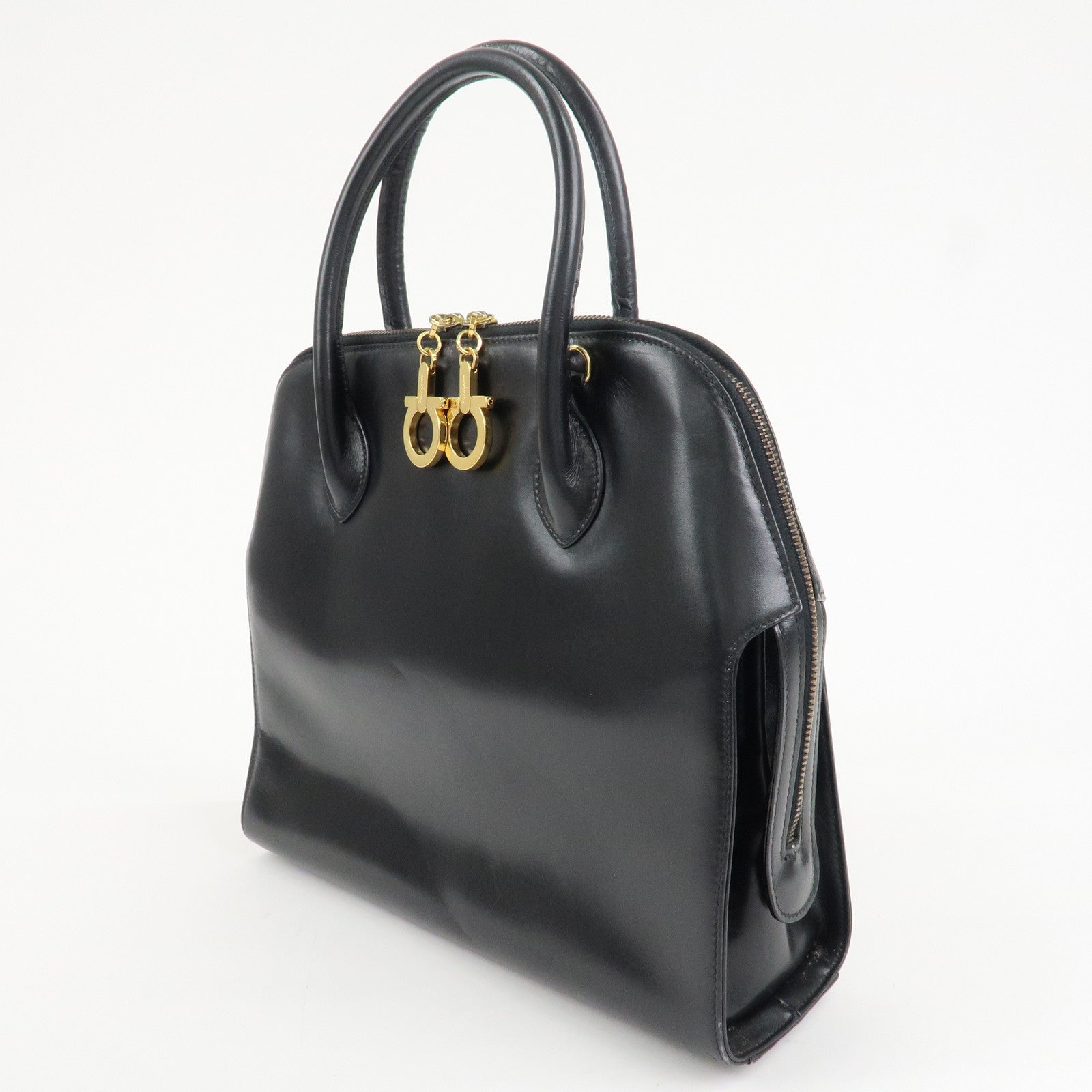 Ferragamo Leather 2Way Hand Shoulder Bag Black Gold HDW AK5644 Used