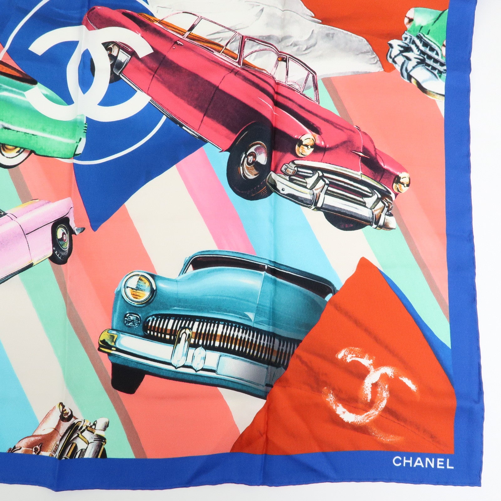 CHANEL Silk 100% Scarf Classic Car Print Blue Pink