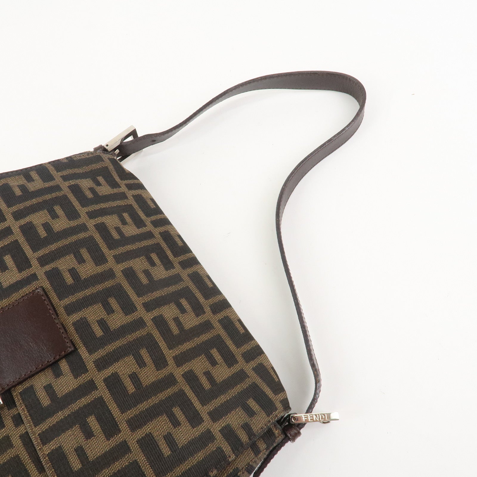 FENDI Mamma Baguette Zucca Canvas Leather Shoulder Bag Brown 26325