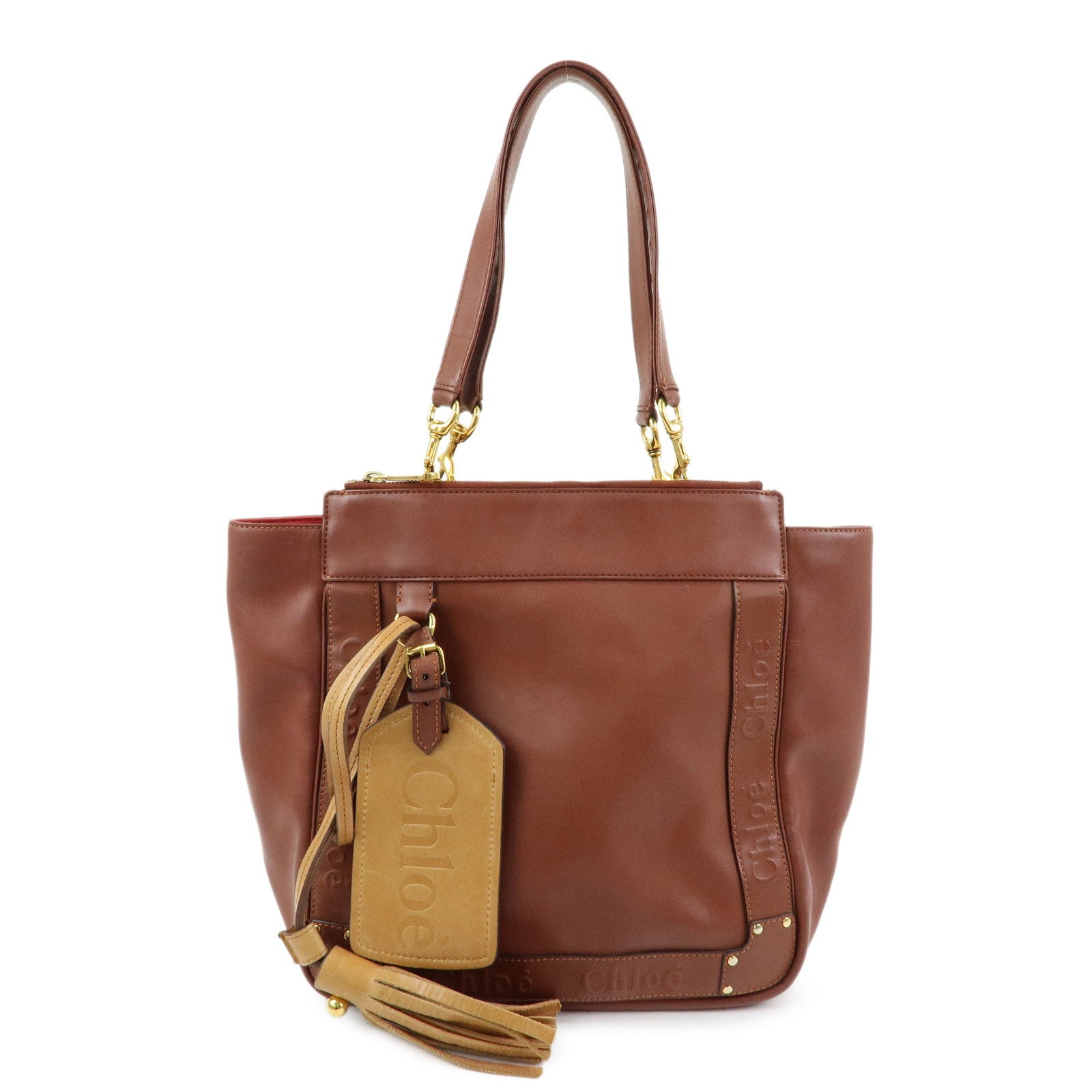 Chloe Eden Leather Tote Bag Shoulder Bag Tassel Charm Brown