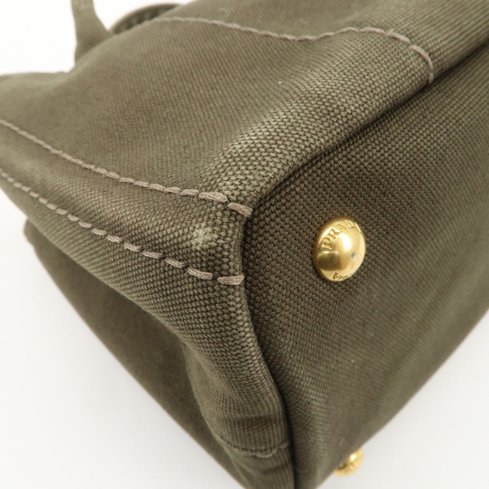 PRADA Canapa Mini Canvas Bag Hand Bag Tote Bag Khaki BN2439 Used