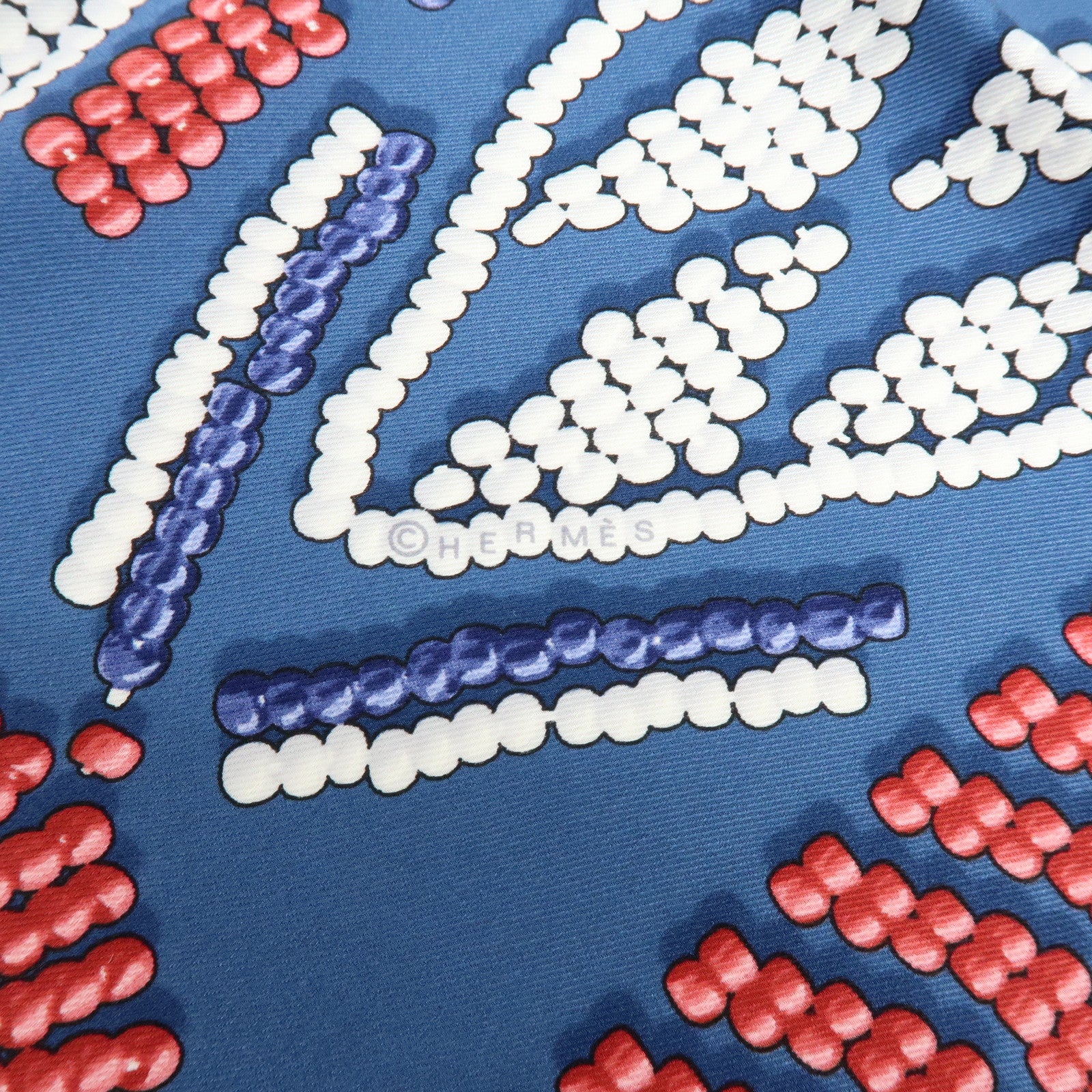 HERMES Carre 65 Silk 100% Scarf KELLY EN PERLES Pearl Print Blue