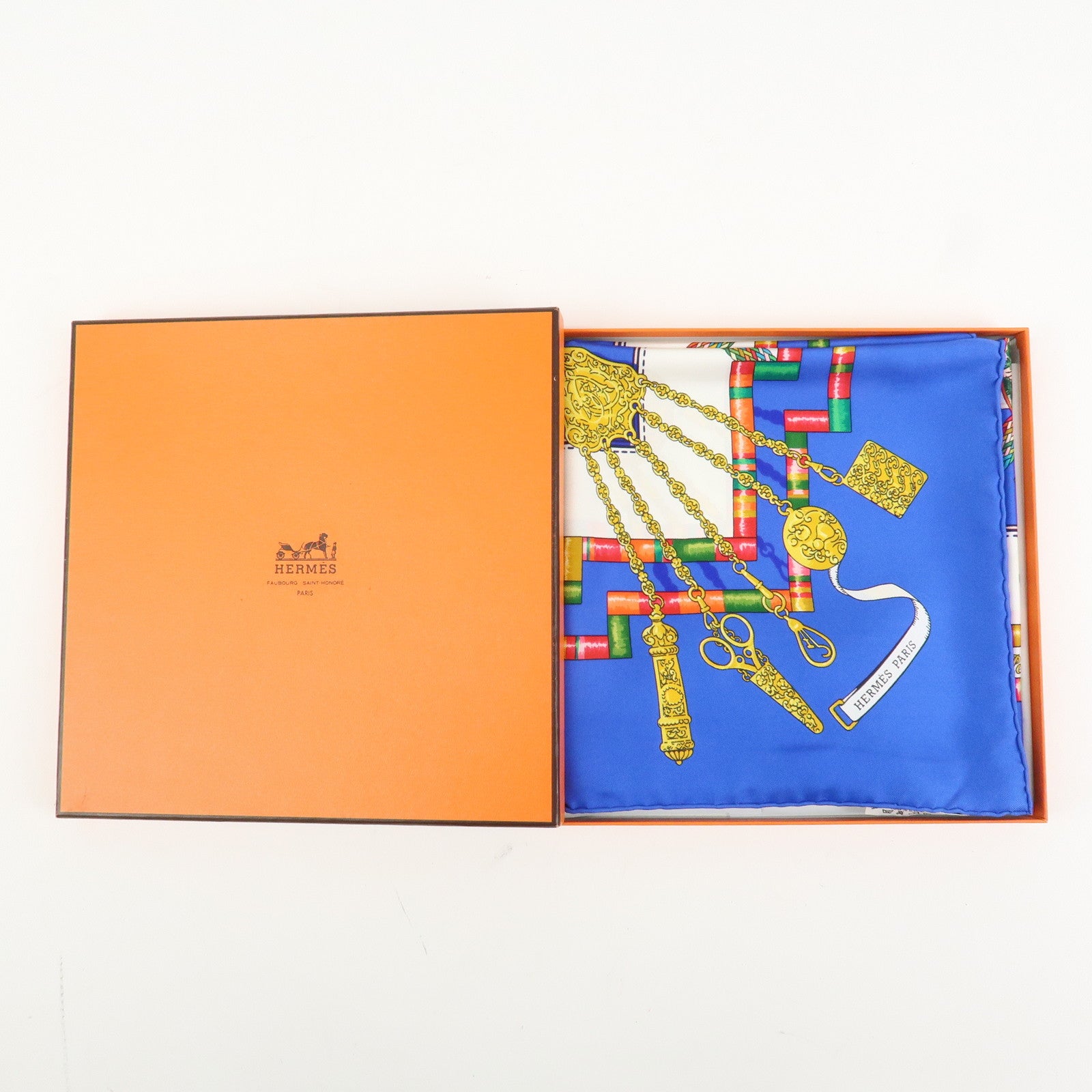 HERMES Carre 90 Silk 100% Scarf Petite main Blue White