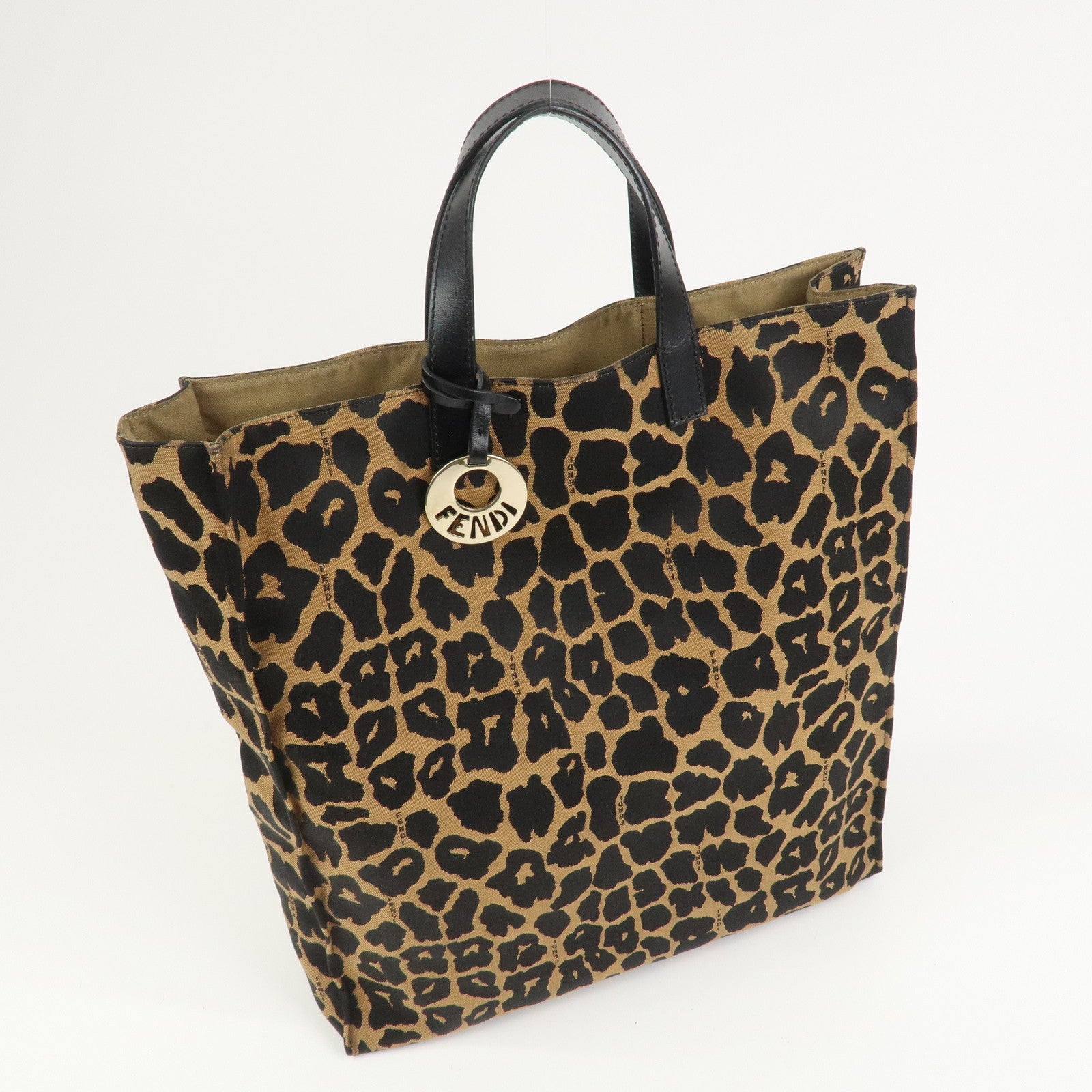 FENDI Leopard Canvas Leather Tote Bag Hand Bag Brown Black 8BH173