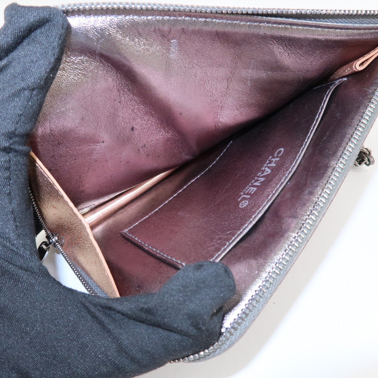 CHANEL Chocolate Bar Leather Clutch Bag Hand Bag Silver