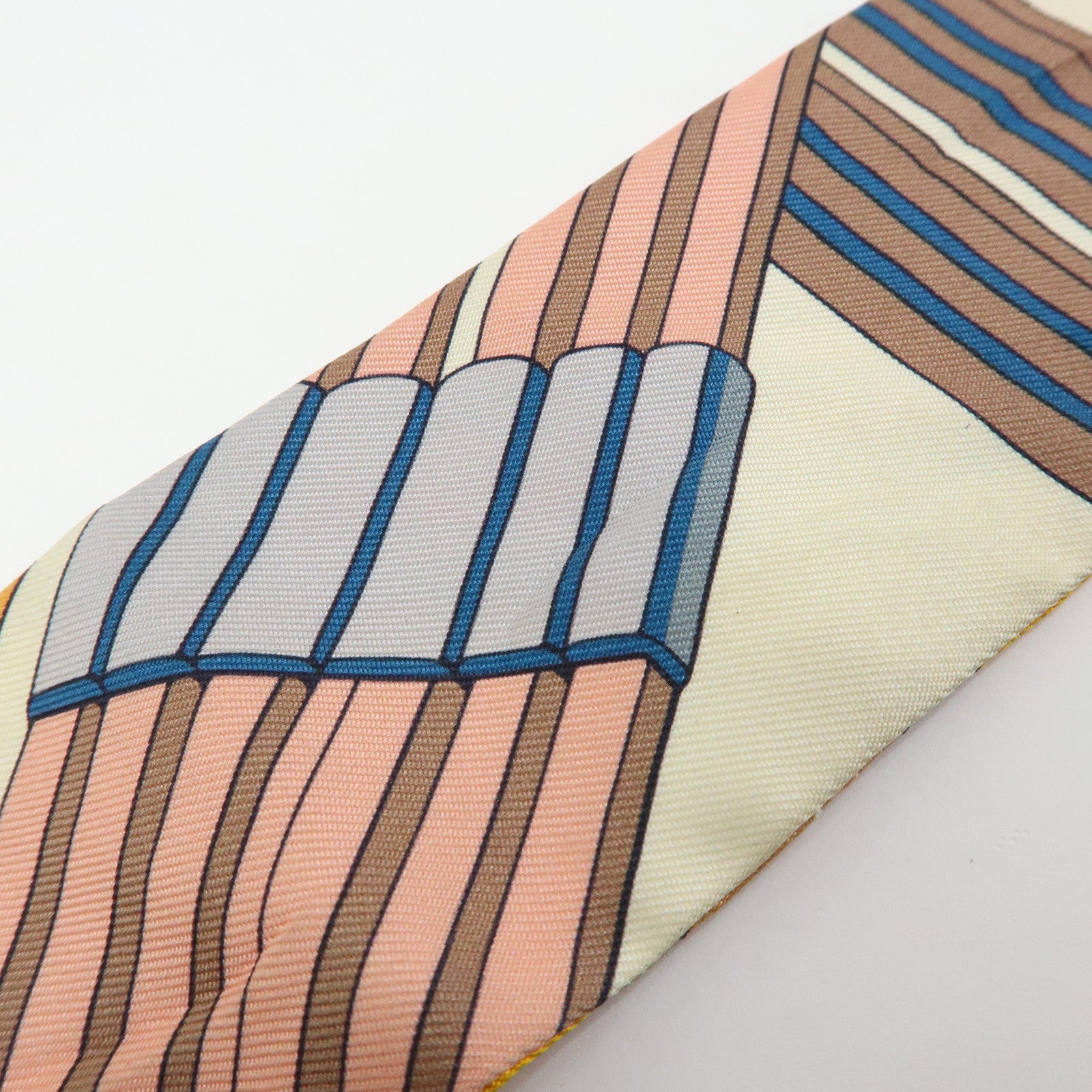 HERMES 100% Silk Twilly Scarf Sangles en Zigzag Orange Blue Ivory