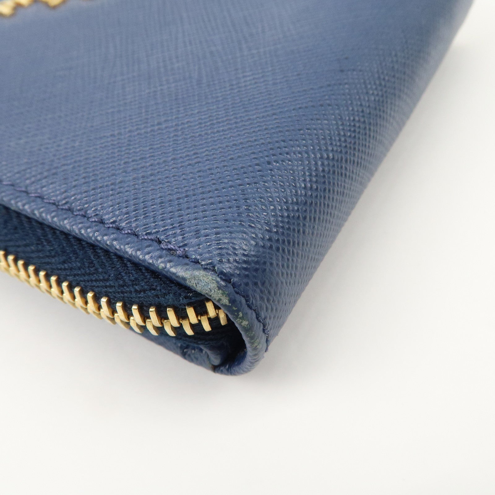 PRADA Logo Leather Round Zippy Bi-fold Wallet Blue 1ML522 Used