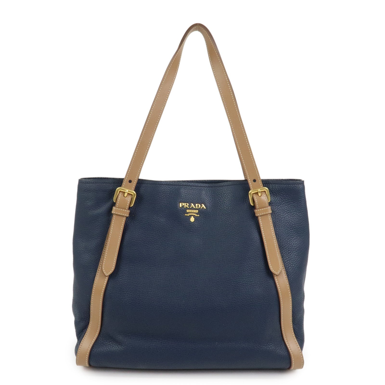 PRADA Logo Leather Tote Bag Shoulder Bag Navy Light Brown 1BG064