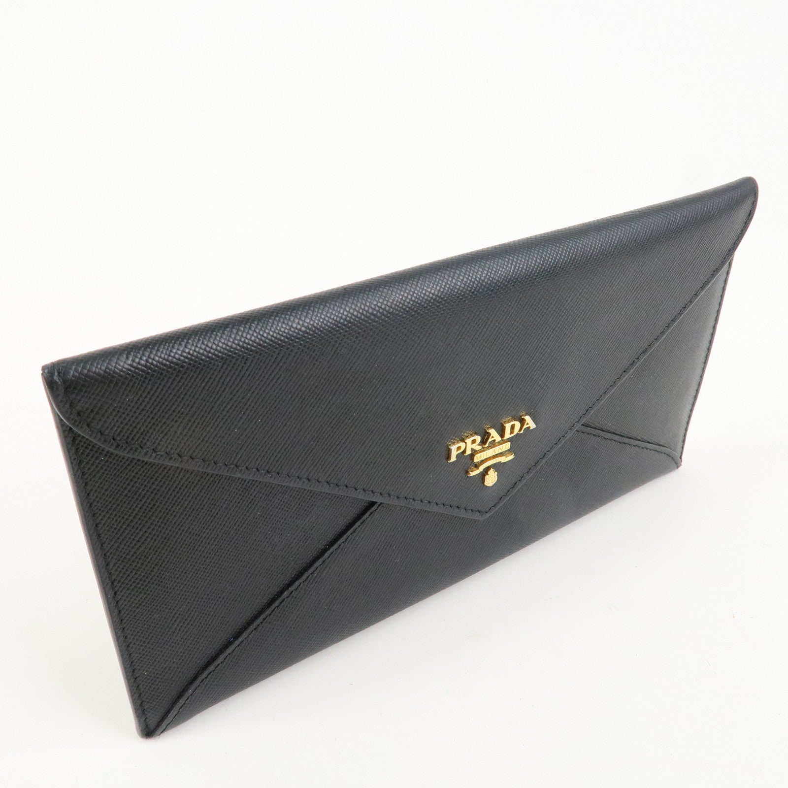 PRADA Saffiano Leather Envelope Flap Long Wallet Black 1M1175 Used
