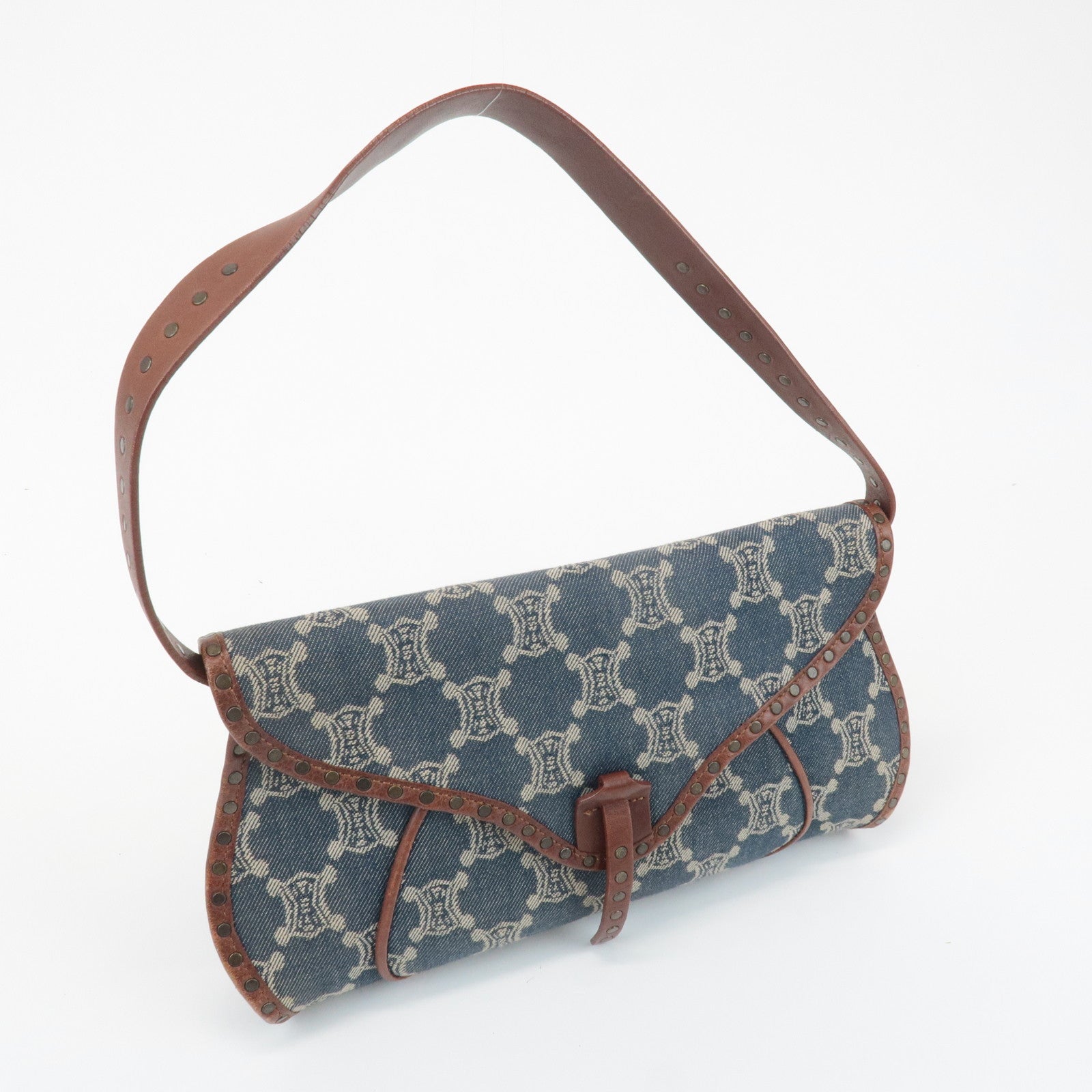 CELINE Macadam Denim Canvas Leather Shoulder Bag Blue Brown Used