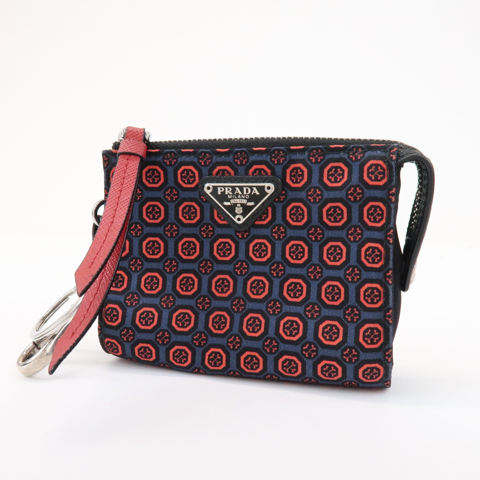 PRADA Triangle Logo Mini Pouch Key Ring Coin Case Navy Red 2TT072