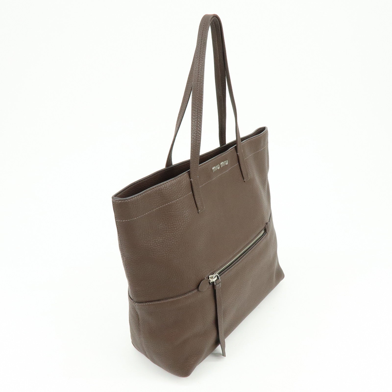 MIU MIU Logo Leather Tote Bag Shoulder Bag Hand Bag Dark Brown