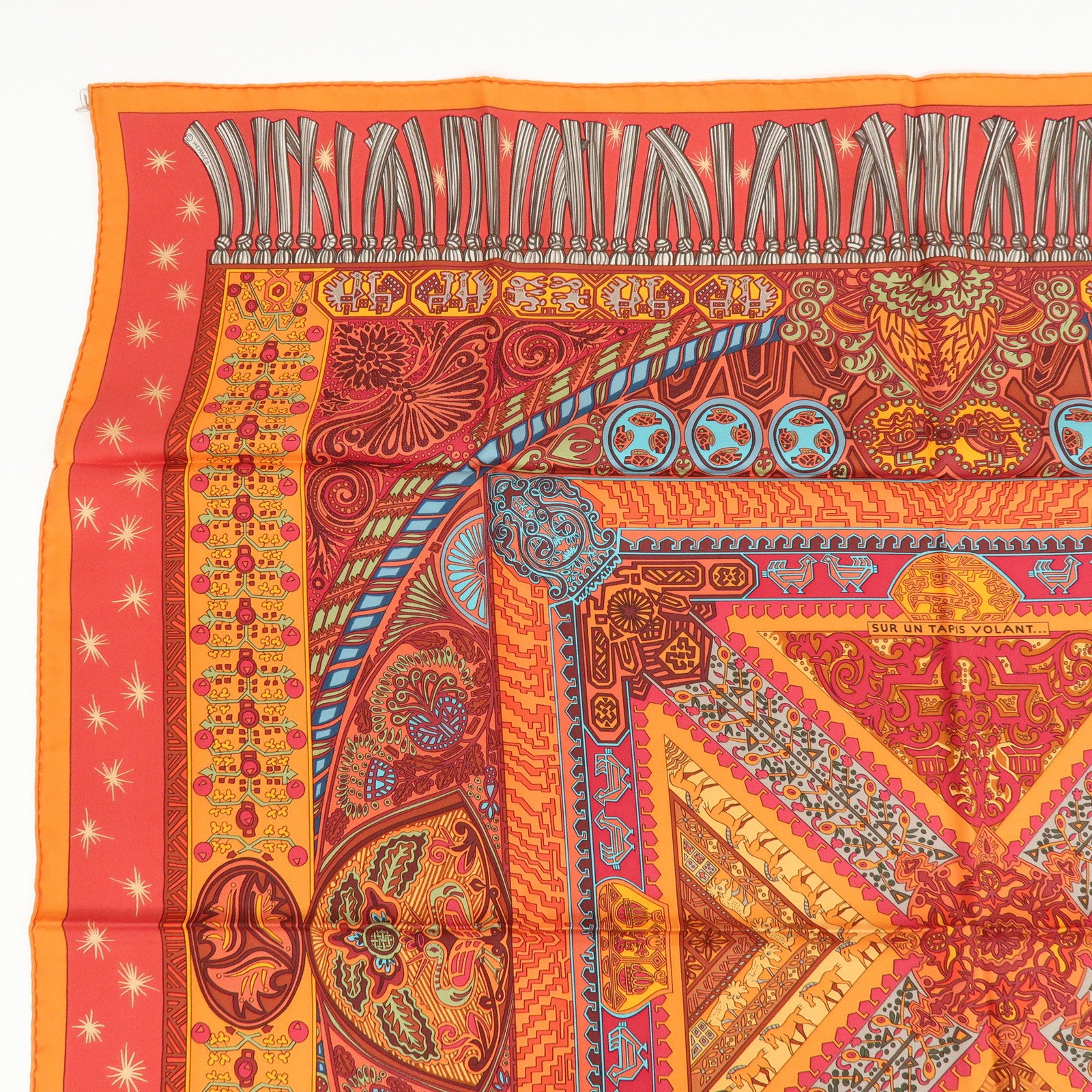 HERMES Carre 90 Silk 100% Scarf SUR UN TAPIS VOLANT Orange Red Blue