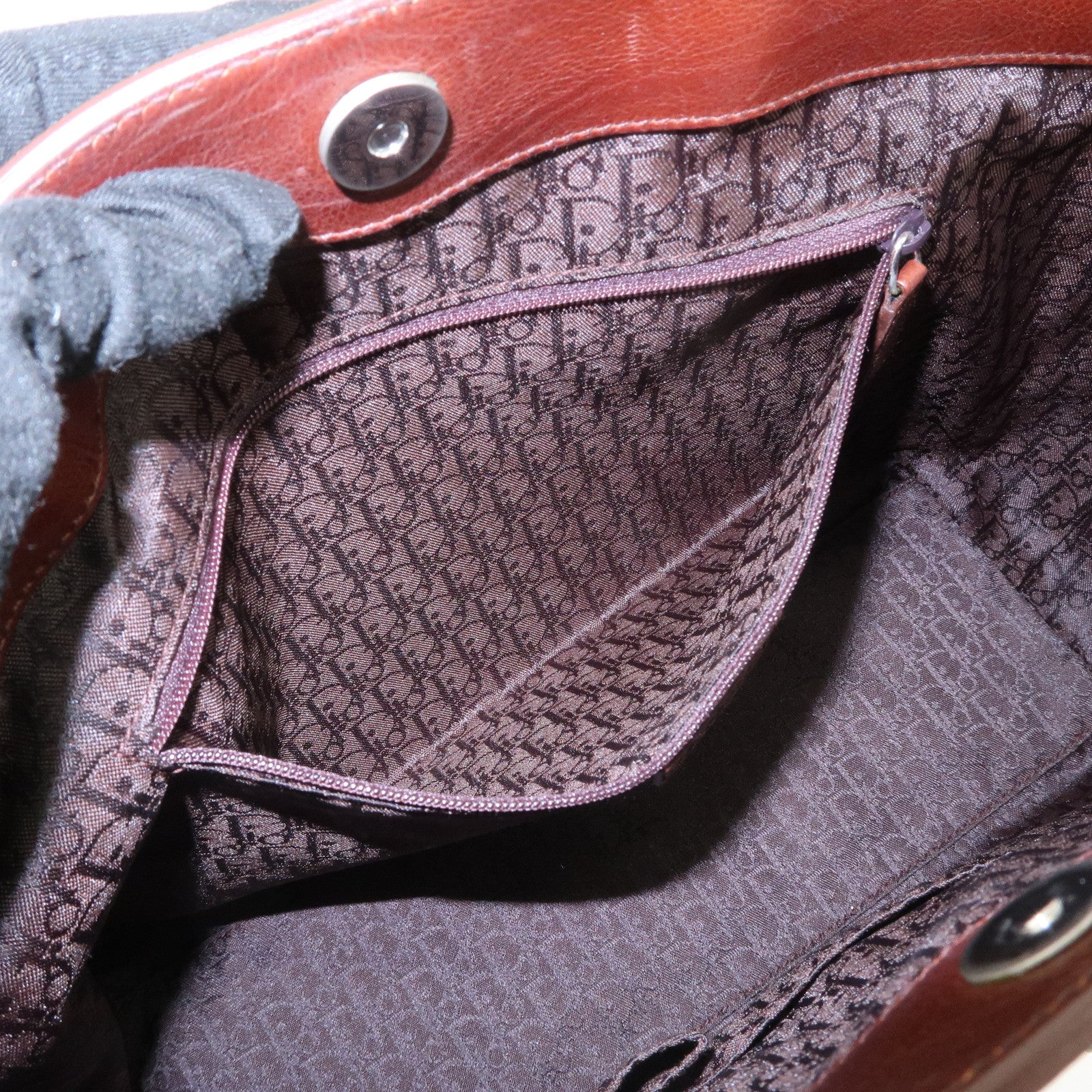 Christian Dior Leather Flower Embroidery Tote Shoulder Bag Brown