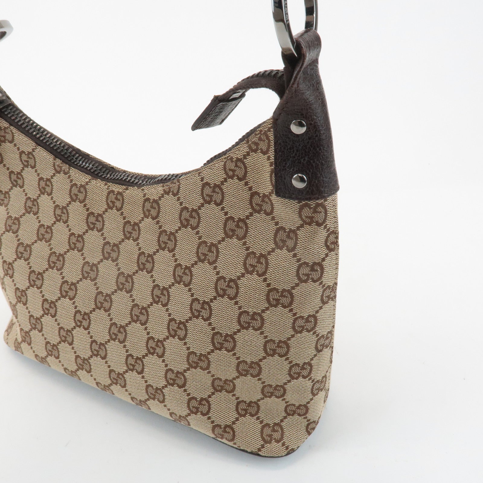 GUCCI GG Canvas Leather Shoulder Bag Hand Bag Beige Dark Brown 115002 Used