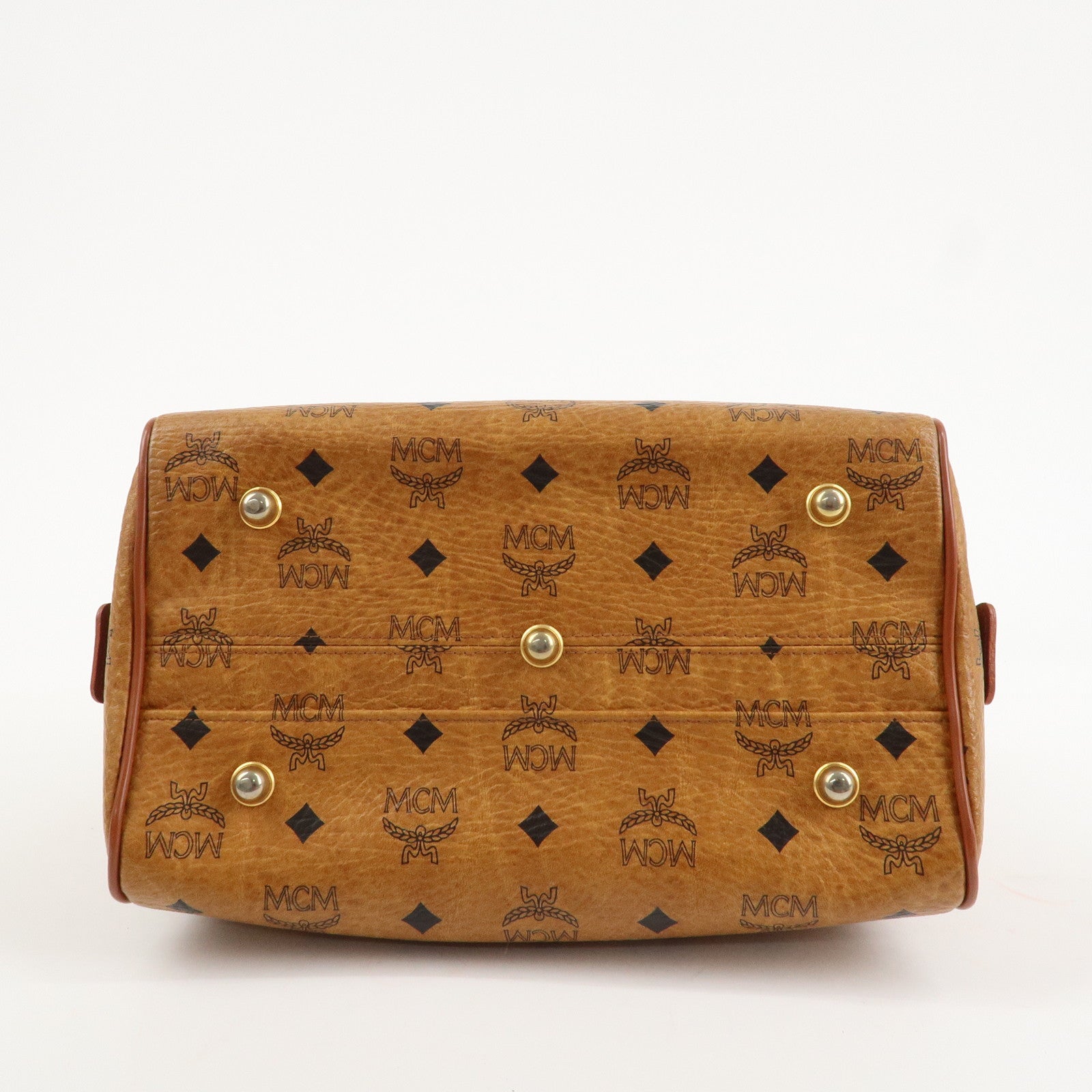 MCM Visetos Leather Boston Bag Hand Bag Brown Gold Hardware Used