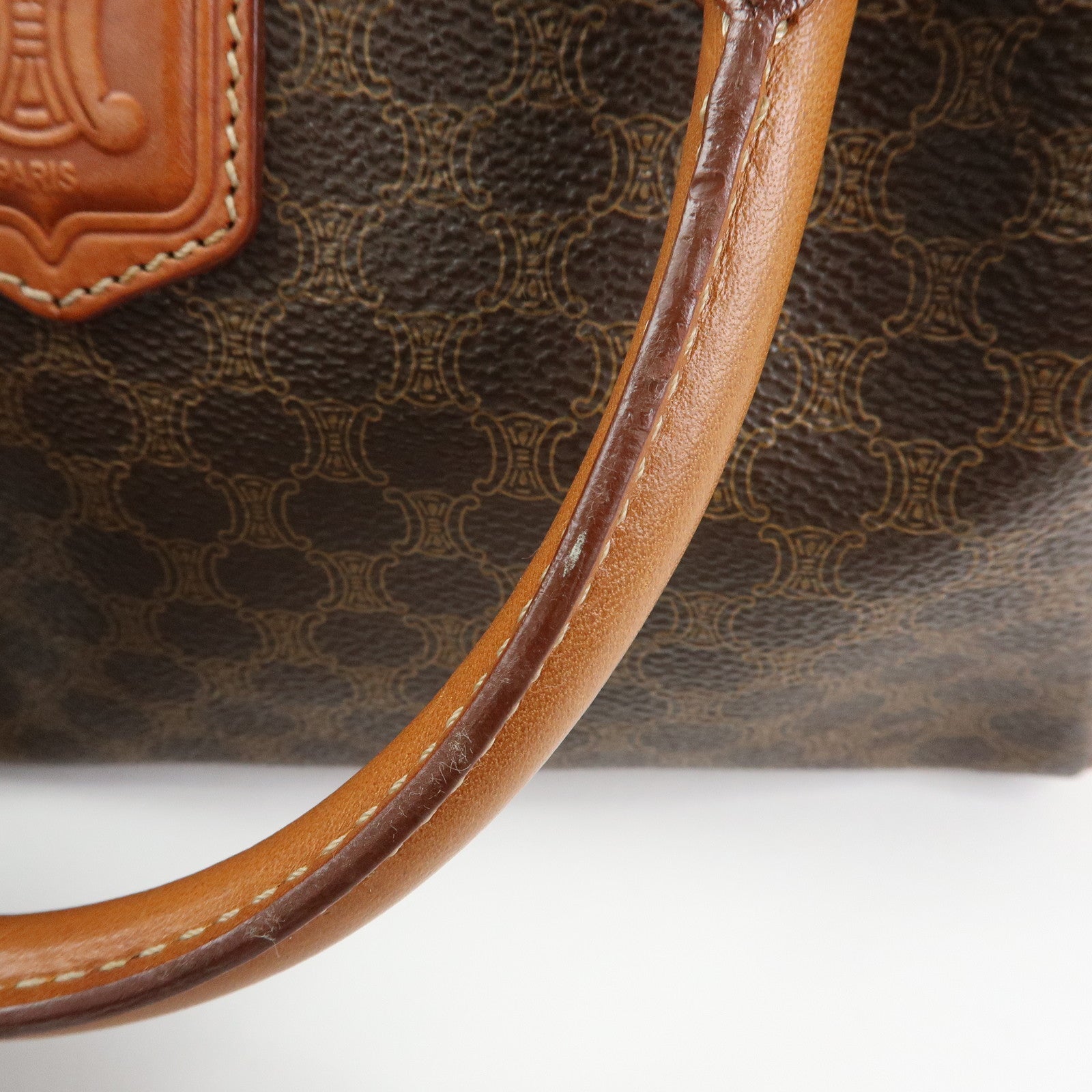 CELINE Logo Macadam PVC Leather Boston Bag Hand Bag Brown