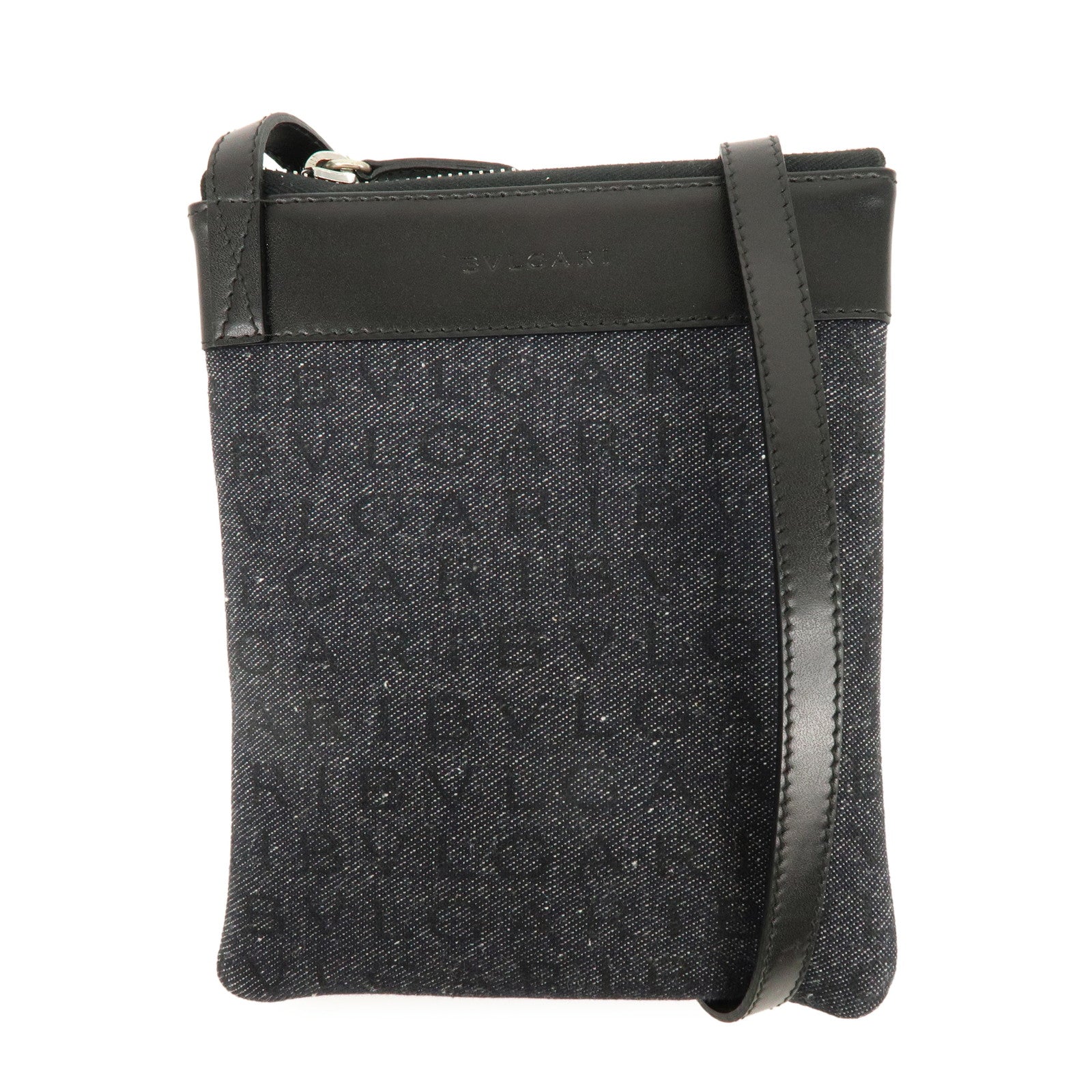 BVLGARI Logo Mania Denim Leather Shoulder Bag Crossbody Bag Black